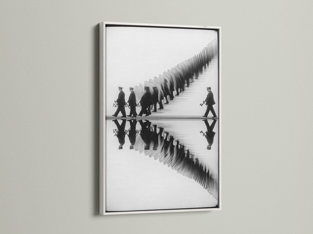 The marching band artwork is elegantly framed in white. The reflection print creates a sophisticated look. This black and white artwork suits contemporary minimalist or urban styles. Enhance your office study or music room with this refined wall art. A perfect gift for music enthusiasts.