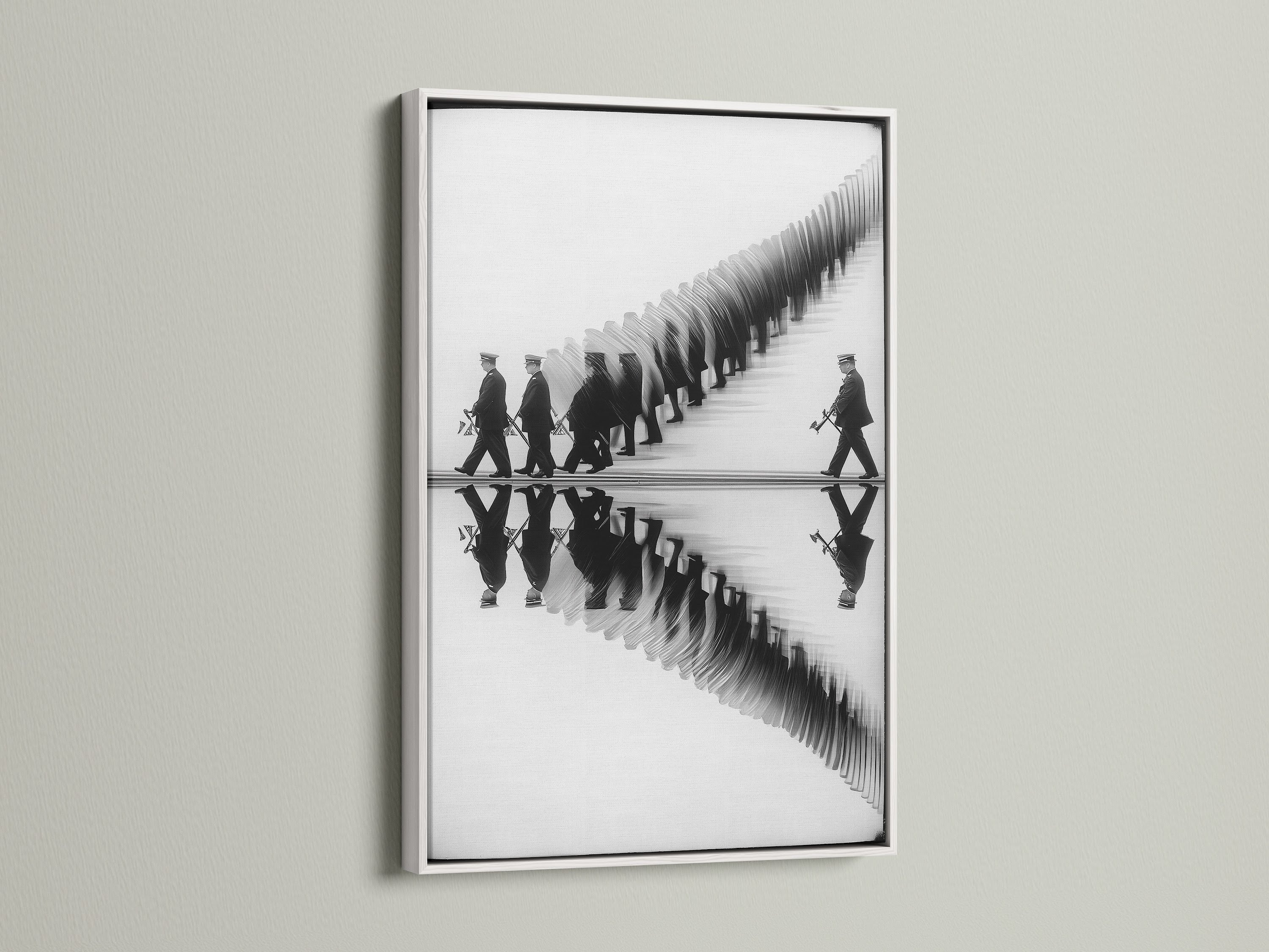 The marching band artwork is elegantly framed in white. The reflection print creates a sophisticated look. This black and white artwork suits contemporary minimalist or urban styles. Enhance your office study or music room with this refined wall art. A perfect gift for music enthusiasts.