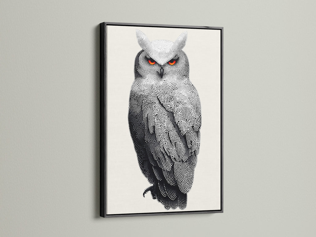 Add sophistication with owl artwork in a black frame. This wildlife canvas features modern animal art. The bird art print provides a sleek look for your walls. Enhance your home or office decor today.