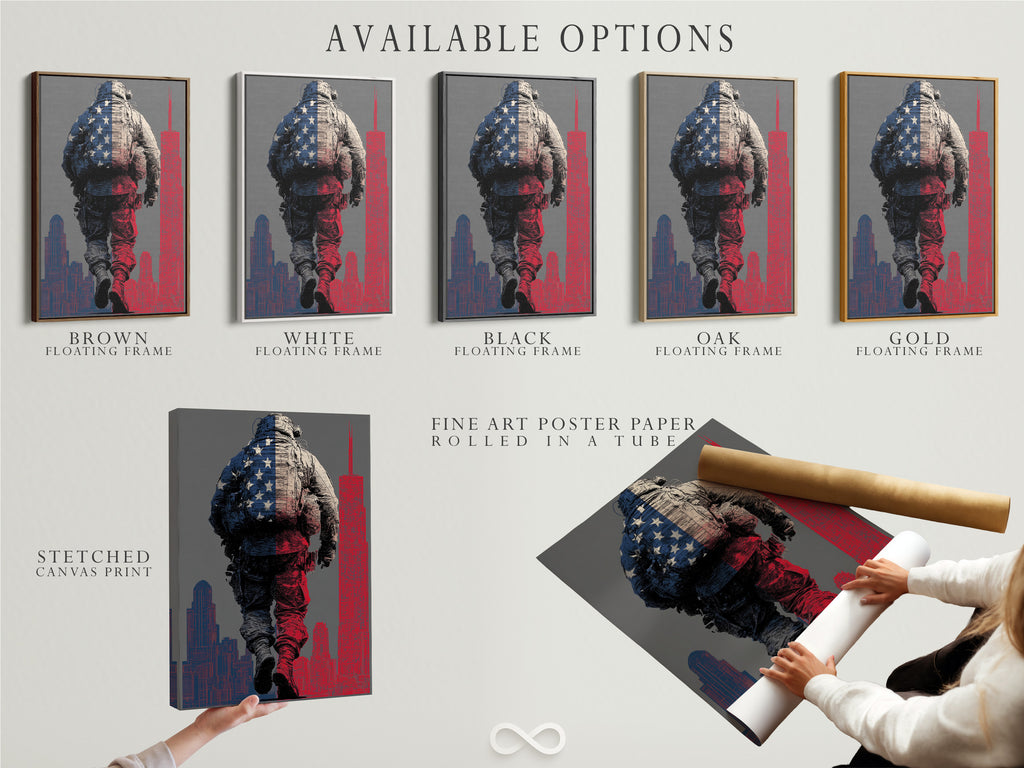 Available options for the American Soldier art. Choose from stretched canvas print fine art poster paper or floating frame. Customize your patriotic artwork. Create the perfect veteran memorial.