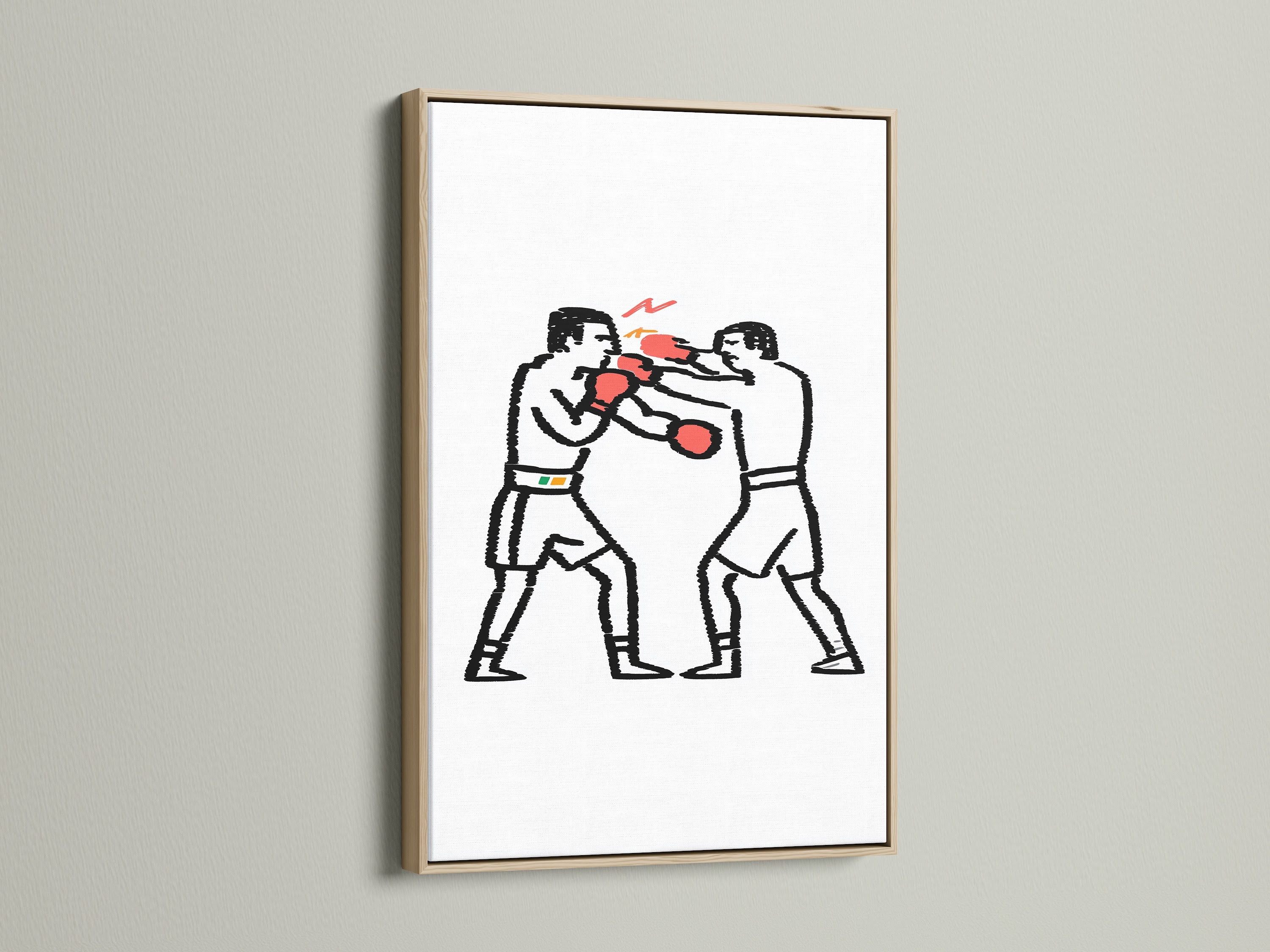 Minimalist boxing match artwork in an oak frame. The print features two boxers with red gloves. This sport wall art is great for a home gym or sports bar. The oak frame adds a touch of warmth. A perfect gift for boxing fans.