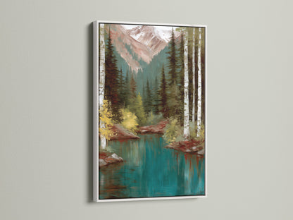Mountain Lake artwork with a white frame. The artwork depicts a peaceful forest scene with a teal lake and birch trees. The white frame adds a clean and modern touch to the rustic art. Suitable for living rooms bedrooms and studies. Transform your space with this woodland art.