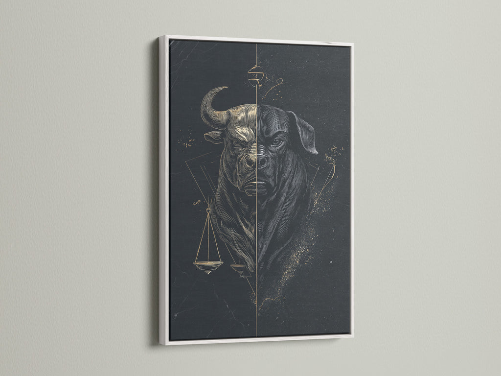 The Bull Justice artwork looks great in any room. This scales of justice canvas print is displayed in a sleek white frame. A versatile piece for legal office or home decor. Shop now and transform your space.