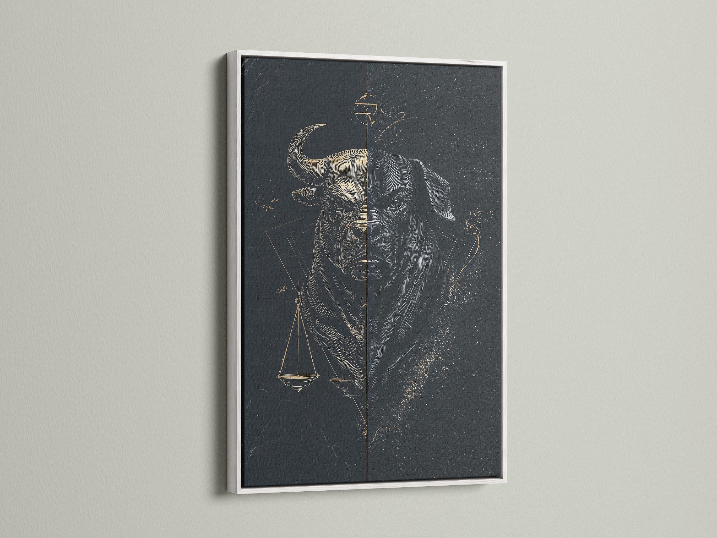 The Bull Justice artwork looks great in any room. This scales of justice canvas print is displayed in a sleek white frame. A versatile piece for legal office or home decor. Shop now and transform your space.
