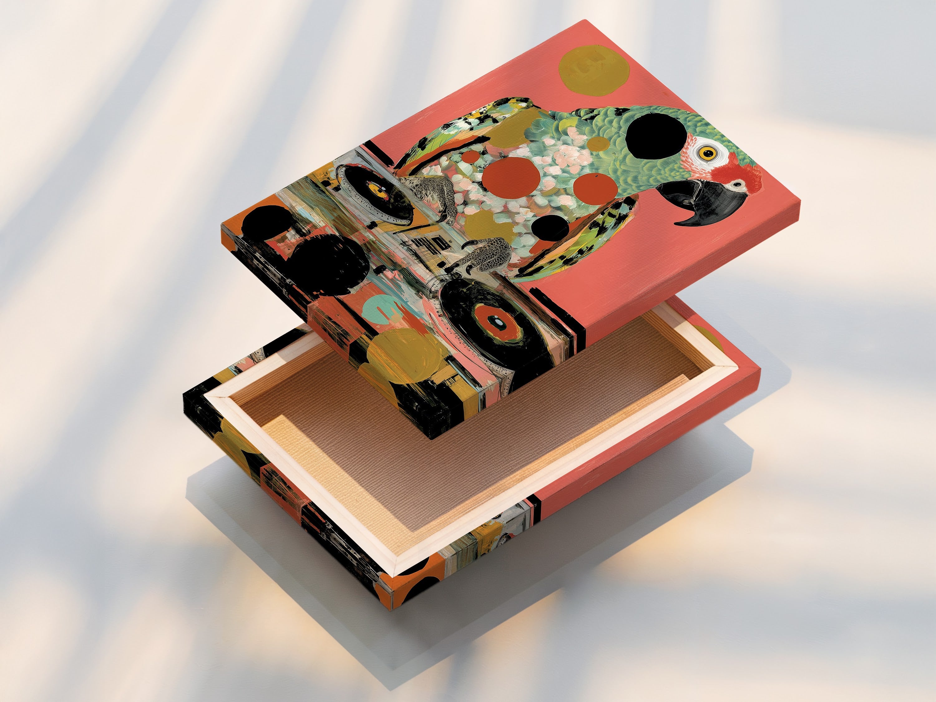 This is a stretched canvas print of the Parrot DJ artwork. This ready-to-hang option brings tropical vibes to any room. The stretched canvas highlights the colorful parrot art. It's a perfect addition to your music wall decor. Enjoy bird canvas print.