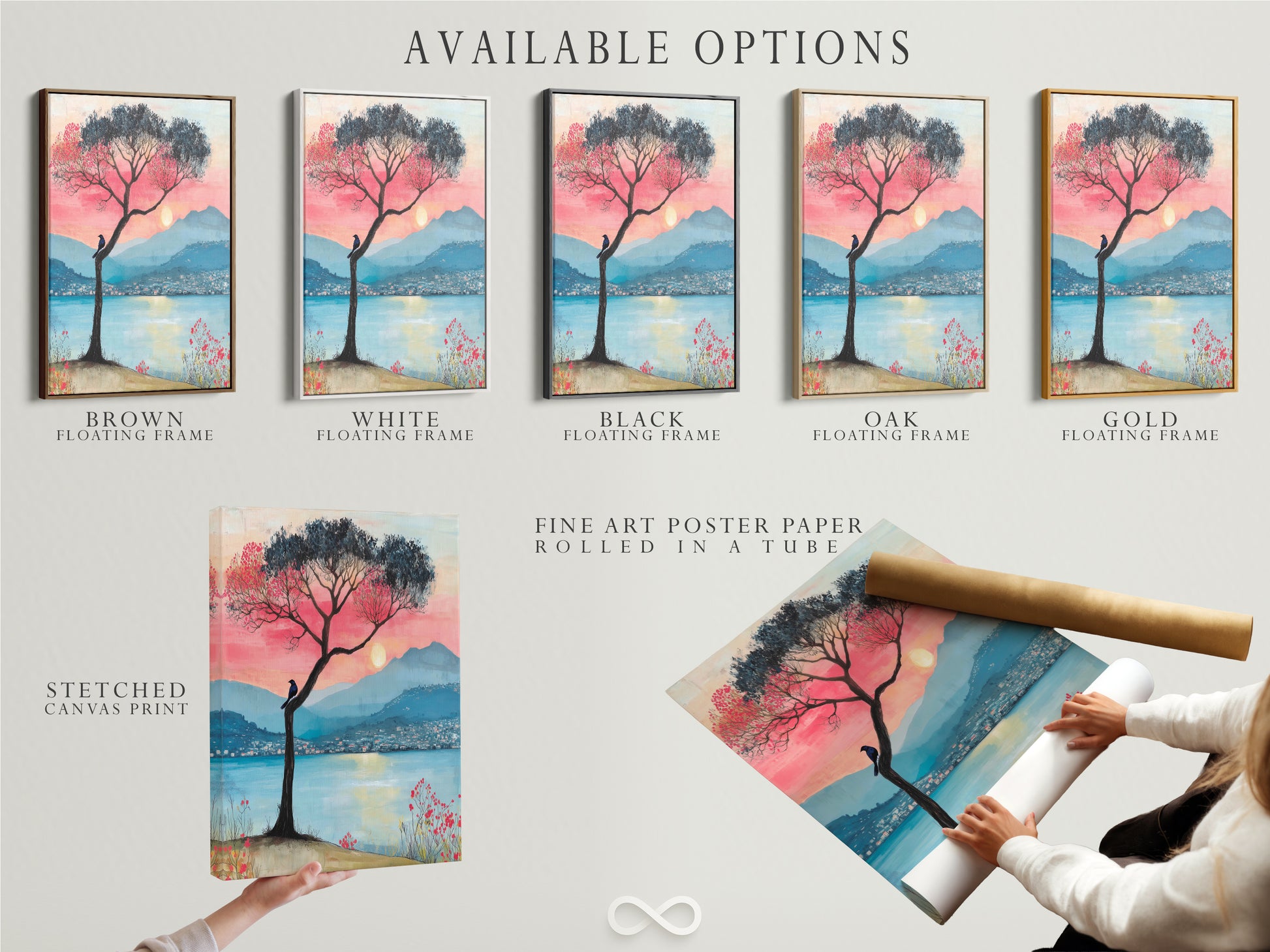 Explore available options including stretched canvas prints. Also fine art poster paper and floating frames. This lake sunset artwork can be tailored to your style. Choose the perfect mountain view art now.