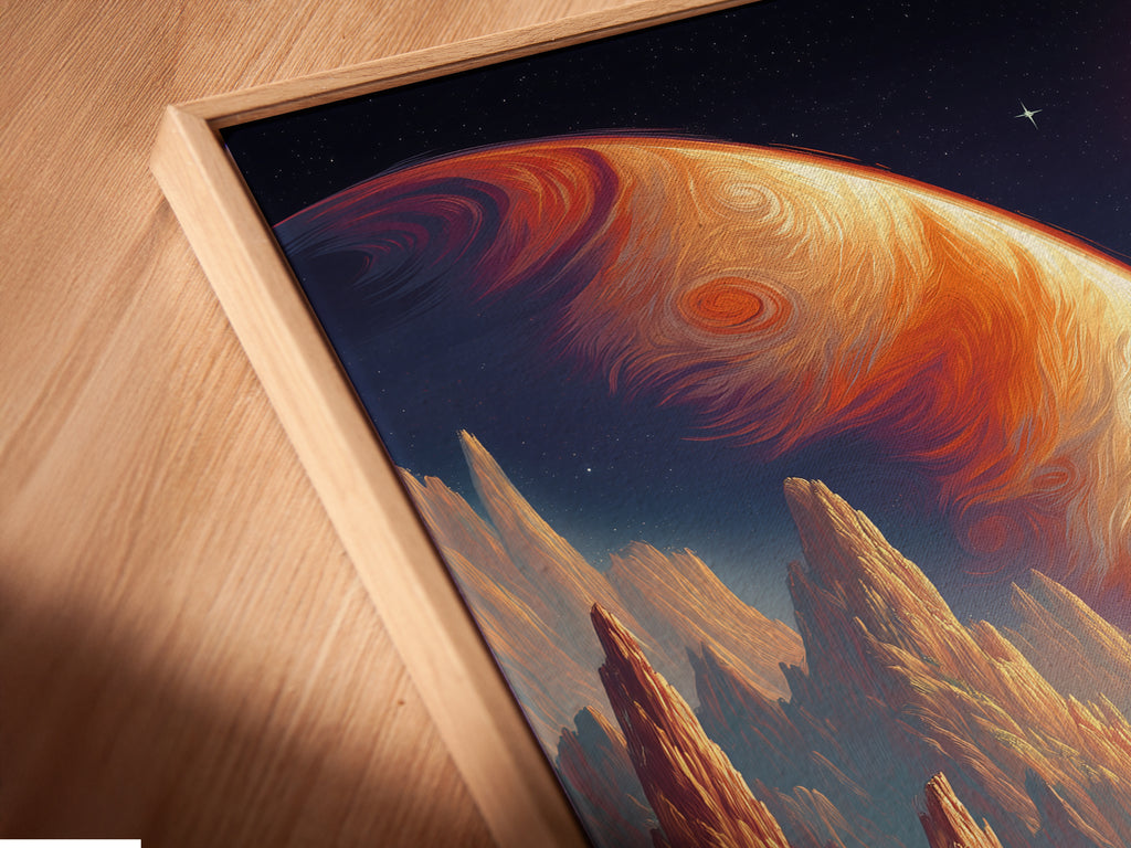 A close-up angled view reveals a canvas print in a floating frame. The cosmic landscape artwork features vibrant colors and intricate details. This modern art piece creates a unique and stylish look for any wall decor.