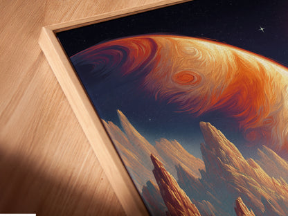 A close-up angled view reveals a canvas print in a floating frame. The cosmic landscape artwork features vibrant colors and intricate details. This modern art piece creates a unique and stylish look for any wall decor.