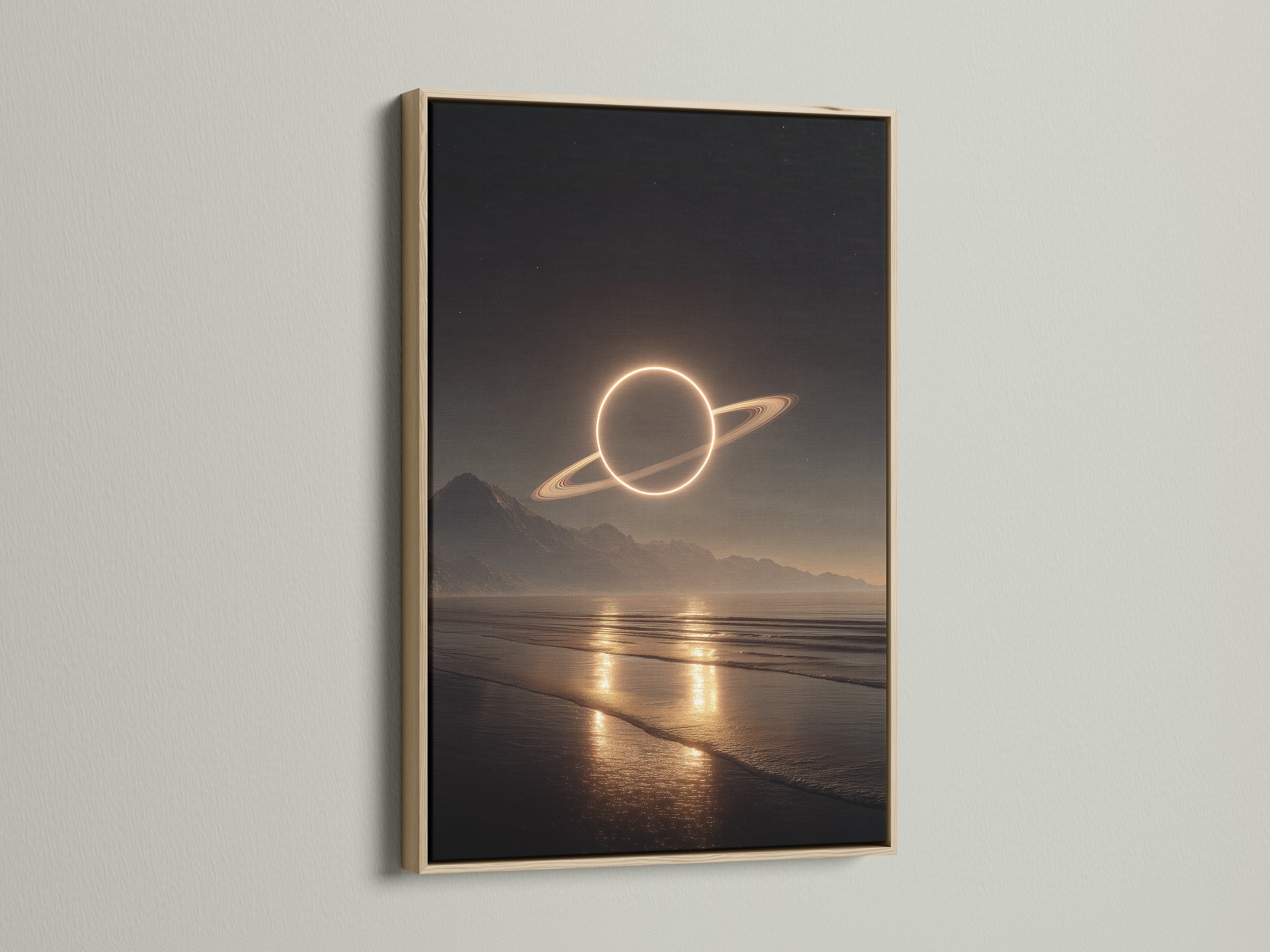 This artwork is displayed in an oak frame. The art features a planet over a serene beach at night. The oak frame offers a natural and warm aesthetic. It enhances the art's beauty. This frame brings a touch of elegance to any room.