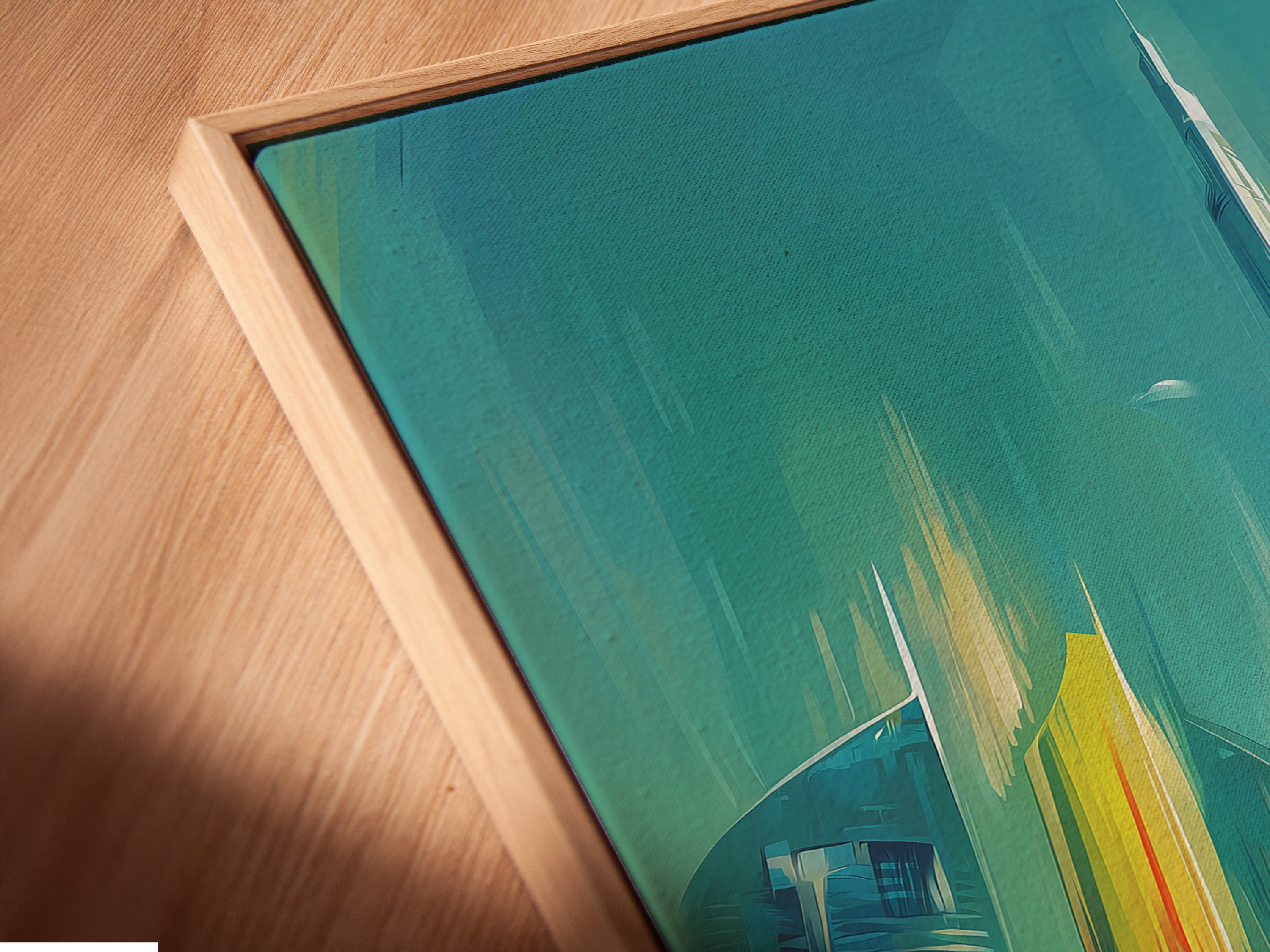 A close-up angled view of a canvas print. The canvas is presented in a floating frame. The floating frame gives a modern gallery look. This framed canvas artwork enhances any interior. Elevate your decor with this unique piece