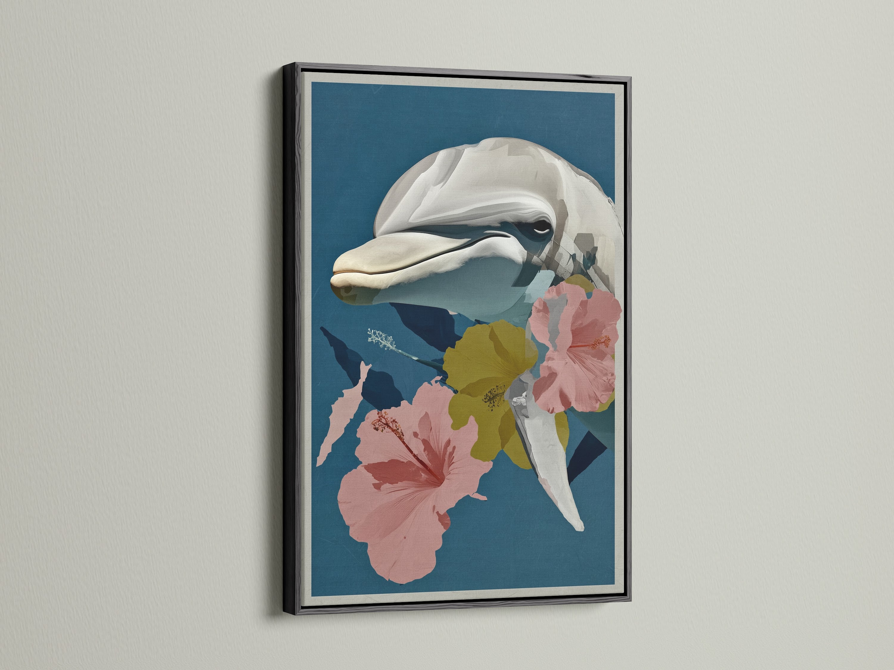 Whale botanical art print in a black frame. This beach house art is perfect for adding a nautical touch to your home. The whale artwork features a whale and tropical hibiscus flowers. Bring the ocean home.