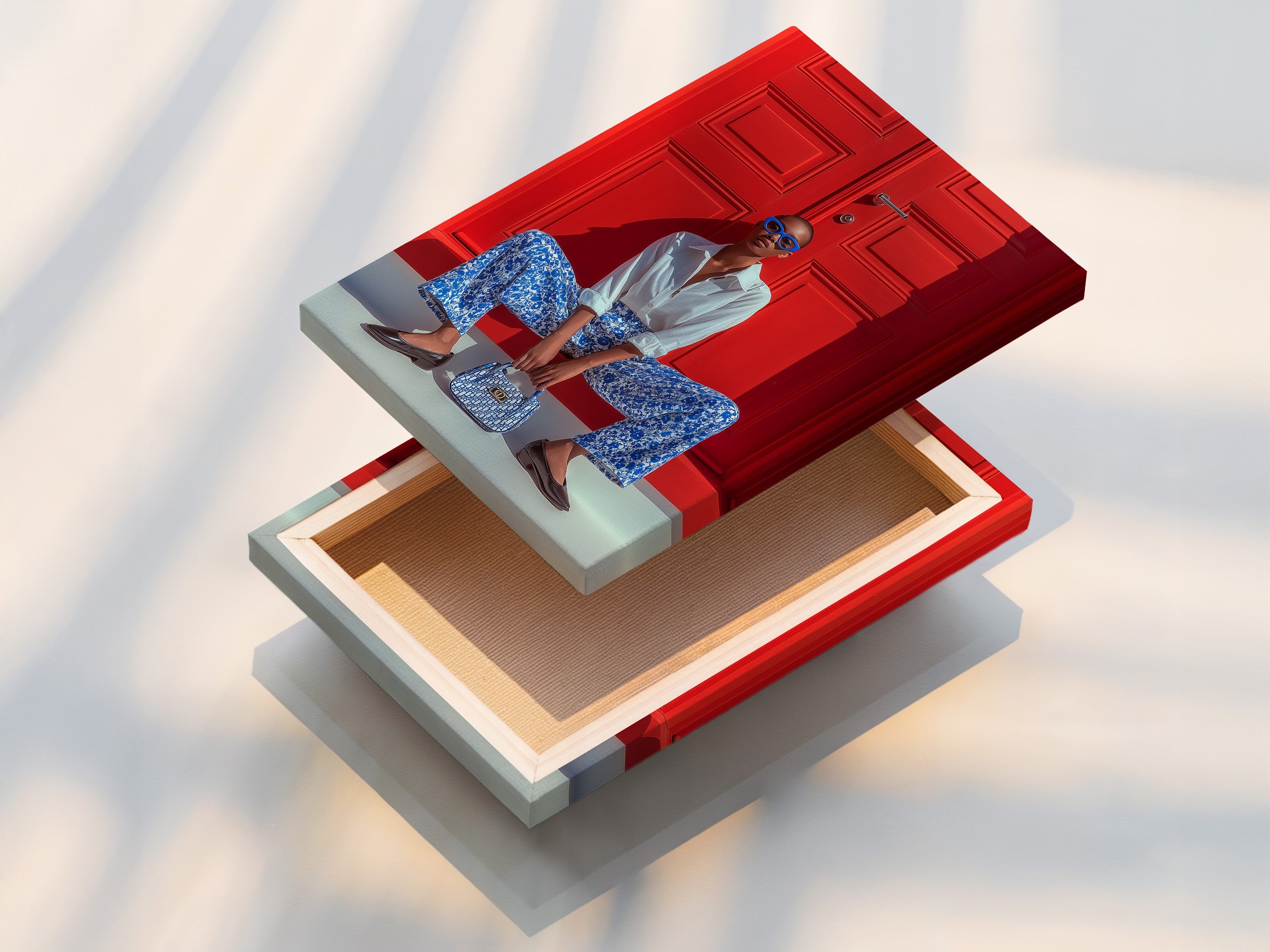 Fashion Photography Print - Blue Pattern Outfit Red Door Portrait, Modern Wall Art, Contemporary Home Decor, Style Statement