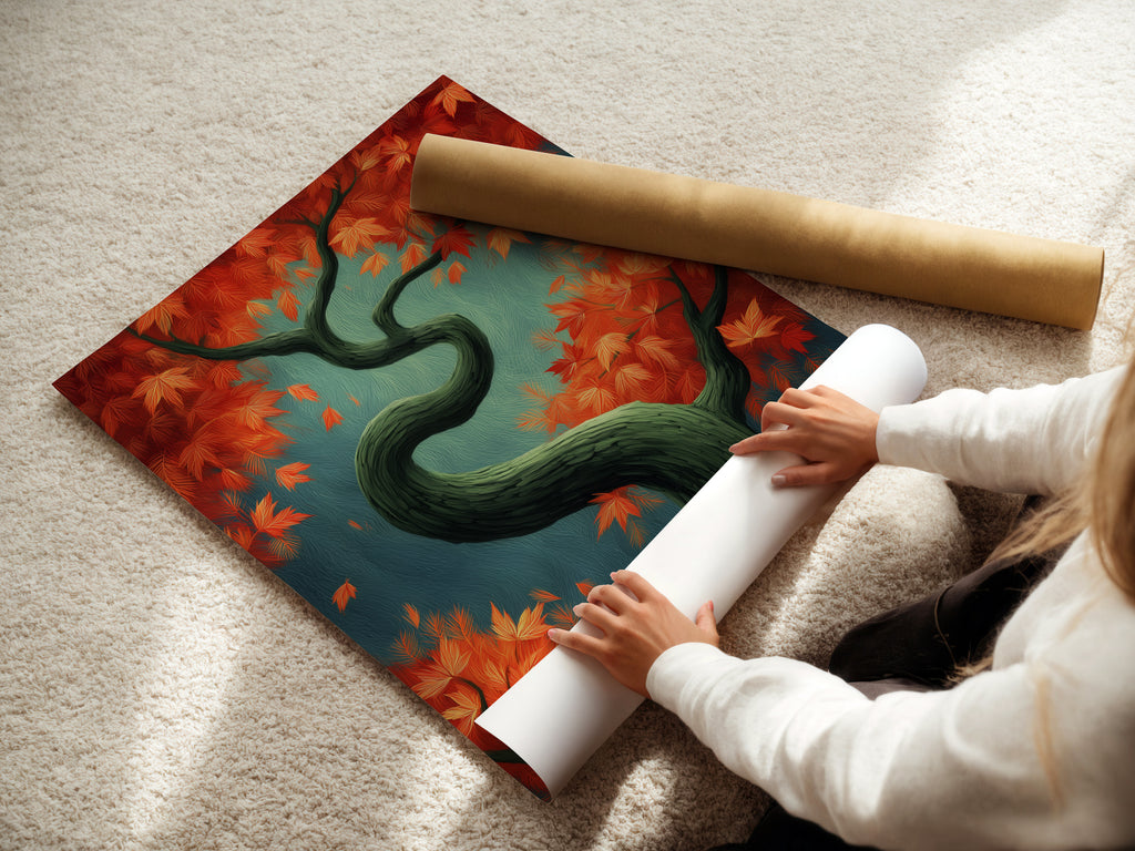 A woman is carefully rolling a fine art poster paper. The artwork is a Japanese style Autumn Tree with fall foliage. This botanical print is perfect for nature enthusiasts. It creates a calming zen atmosphere in any room.