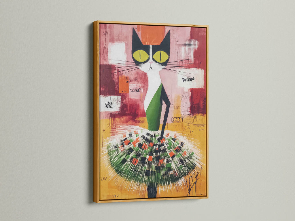 Eye-catching Abstract Cat art print with a gold frame. This colorful animal artwork is ideal for kids' room decor. The modern folk art style features green and orange tones. It will add a whimsical touch to any space.