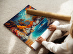 A woman is carefully rolling a fine art poster paper. The artwork is a colorful coastal landscape.  Ideal for creating high-quality prints.  Perfect for homeowners renters and interior decorators. Bring the beauty of the ocean into your space.