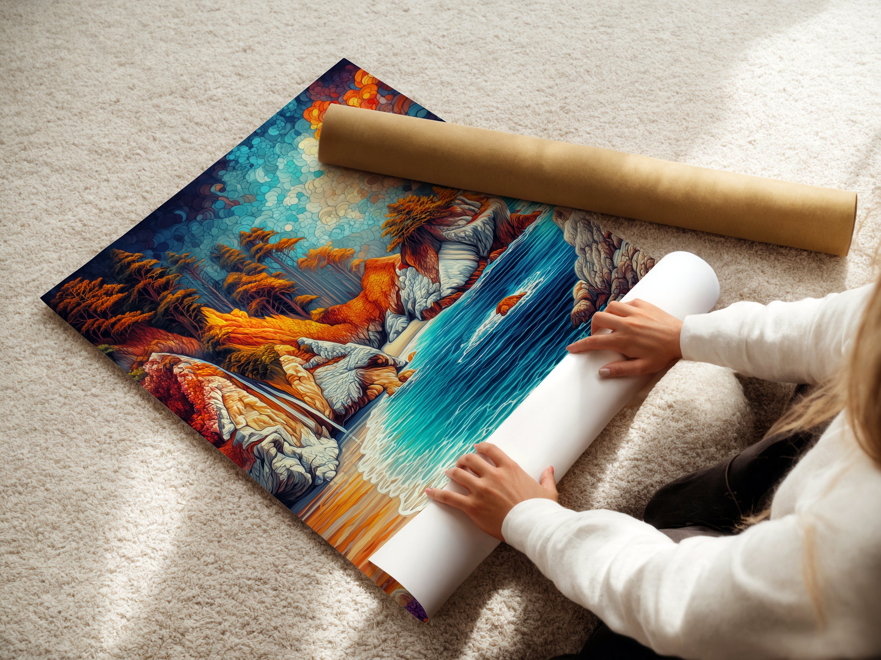 A woman is carefully rolling a fine art poster paper. The artwork is a colorful coastal landscape.  Ideal for creating high-quality prints.  Perfect for homeowners renters and interior decorators. Bring the beauty of the ocean into your space.