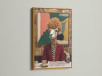 A gold frame makes this quirky llama artwork shine. It is a statement piece of animal portrait art. The artwork is unique wall art for eclectic spaces. Enhance your decor with this piece.