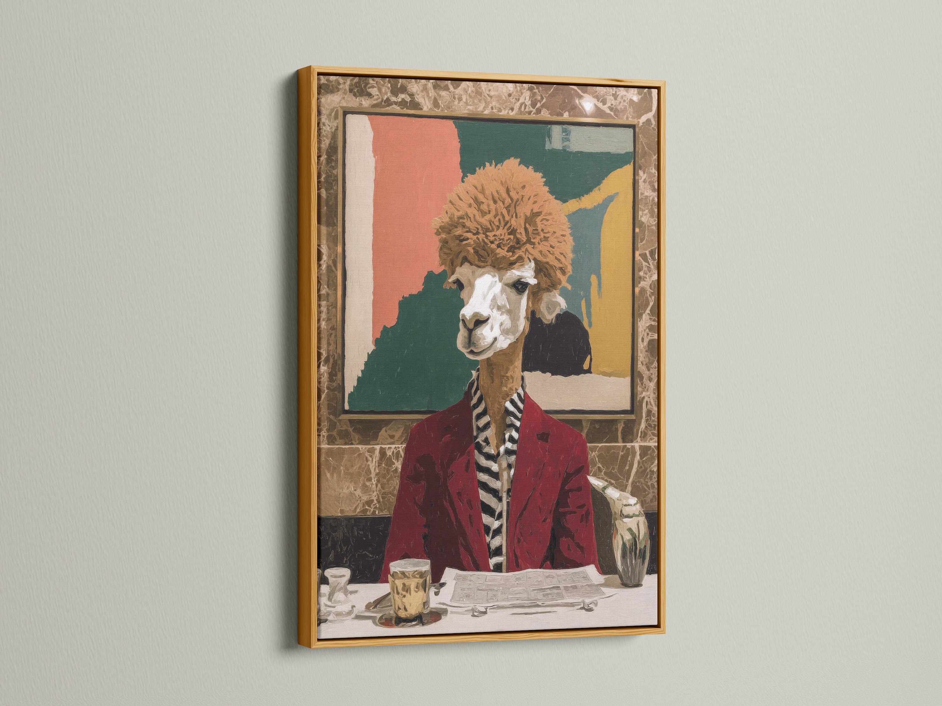 A gold frame makes this quirky llama artwork shine. It is a statement piece of animal portrait art. The artwork is unique wall art for eclectic spaces. Enhance your decor with this piece.
