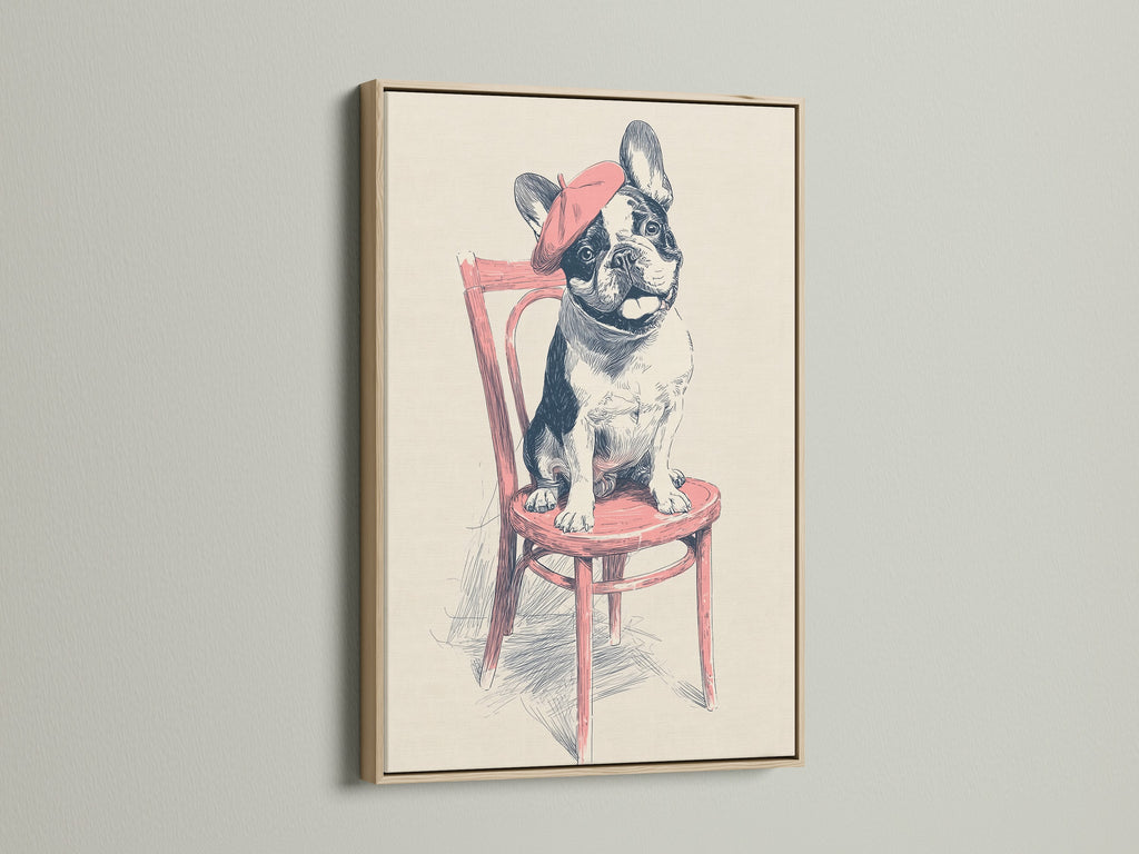 French Bulldog art print in an oak frame. The neutral wood complements the artwork. Ideal contemporary wall decor for minimalist homes. It enhances living rooms bedrooms and offices. A sophisticated choice for pet themed decor.