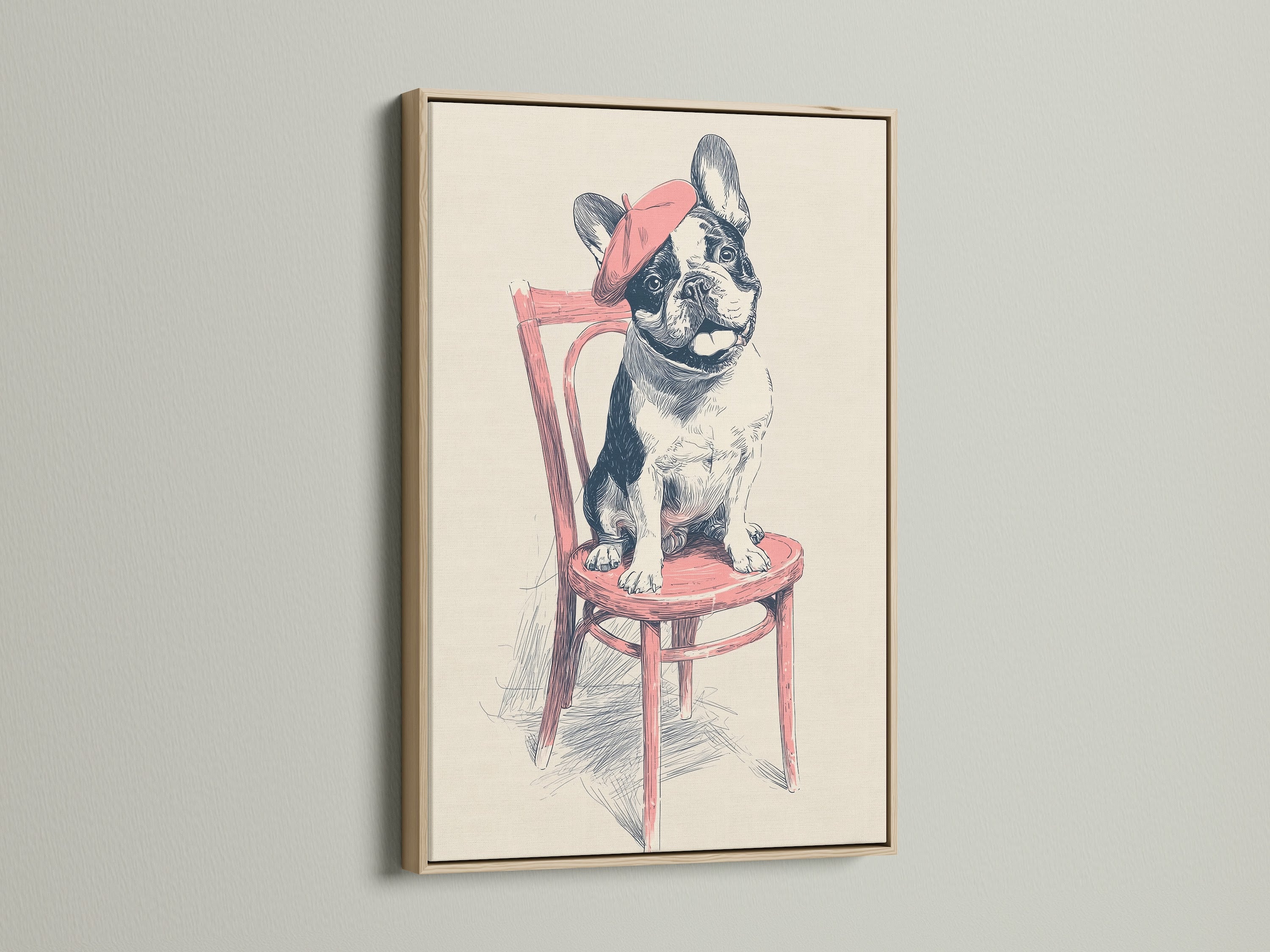 French Bulldog art print in an oak frame. The neutral wood complements the artwork. Ideal contemporary wall decor for minimalist homes. It enhances living rooms bedrooms and offices. A sophisticated choice for pet themed decor.