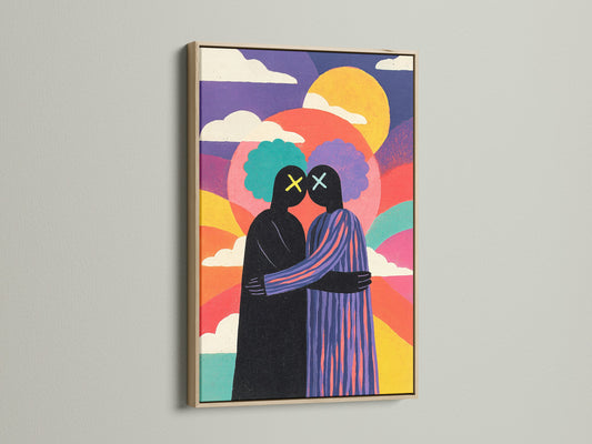 Framed artwork featuring two figures embracing. The art print has a oak frame. The artwork is colorful with a rainbow effect. This wall art adds a modern touch to any space. Explore framed art options.