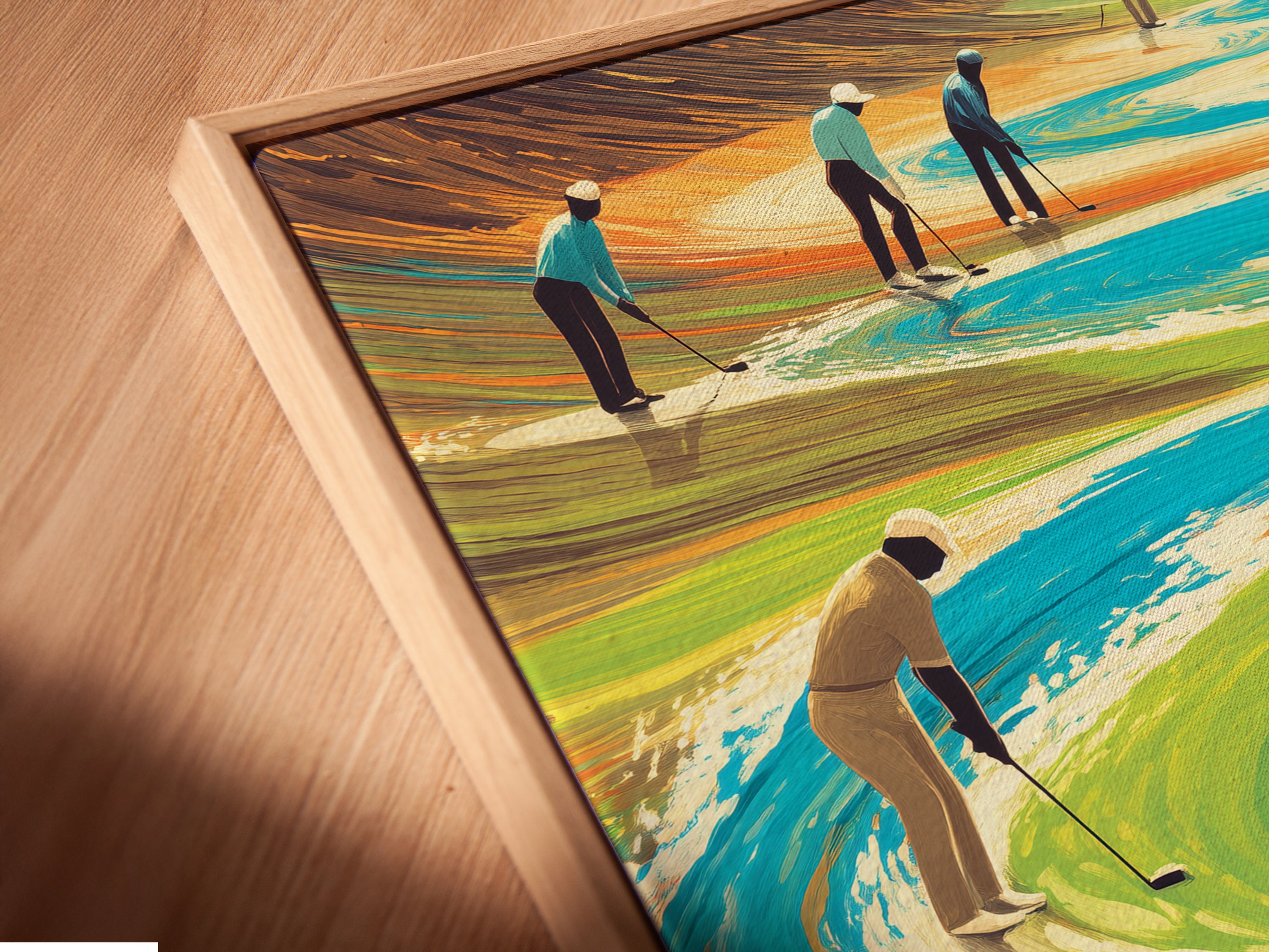 Close up of a canvas print in a floating frame. The framed golf art adds depth and dimension. See the details of the golf landscape artwork. The floating frame enhances the contemporary style of the golf art print