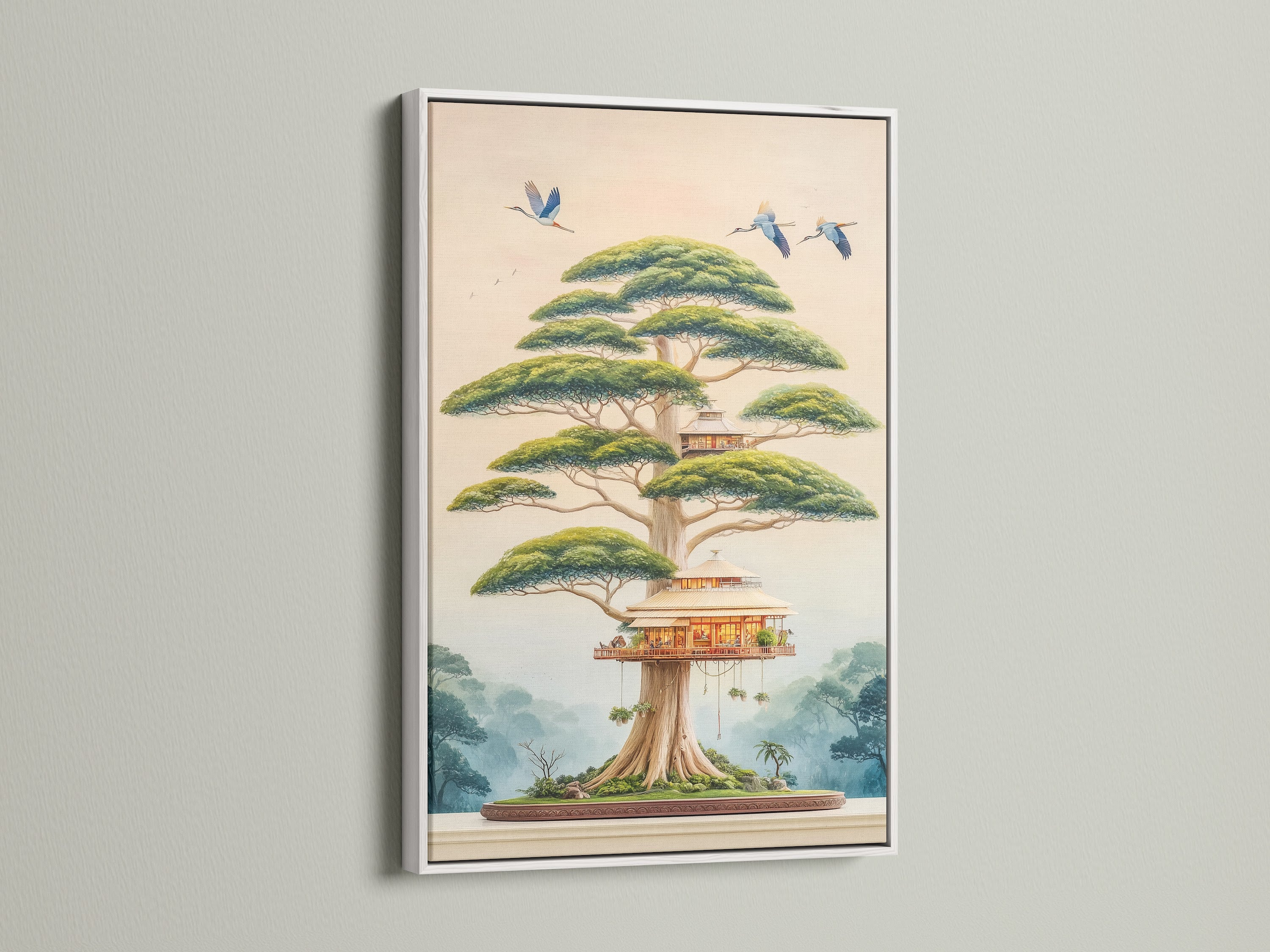 Enhance your nursery decor with this framed fantasy tree art. The white frame complements the zen wall art. It creates a serene atmosphere. Find the perfect Asian-inspired artwork for your meditation room or nursery.