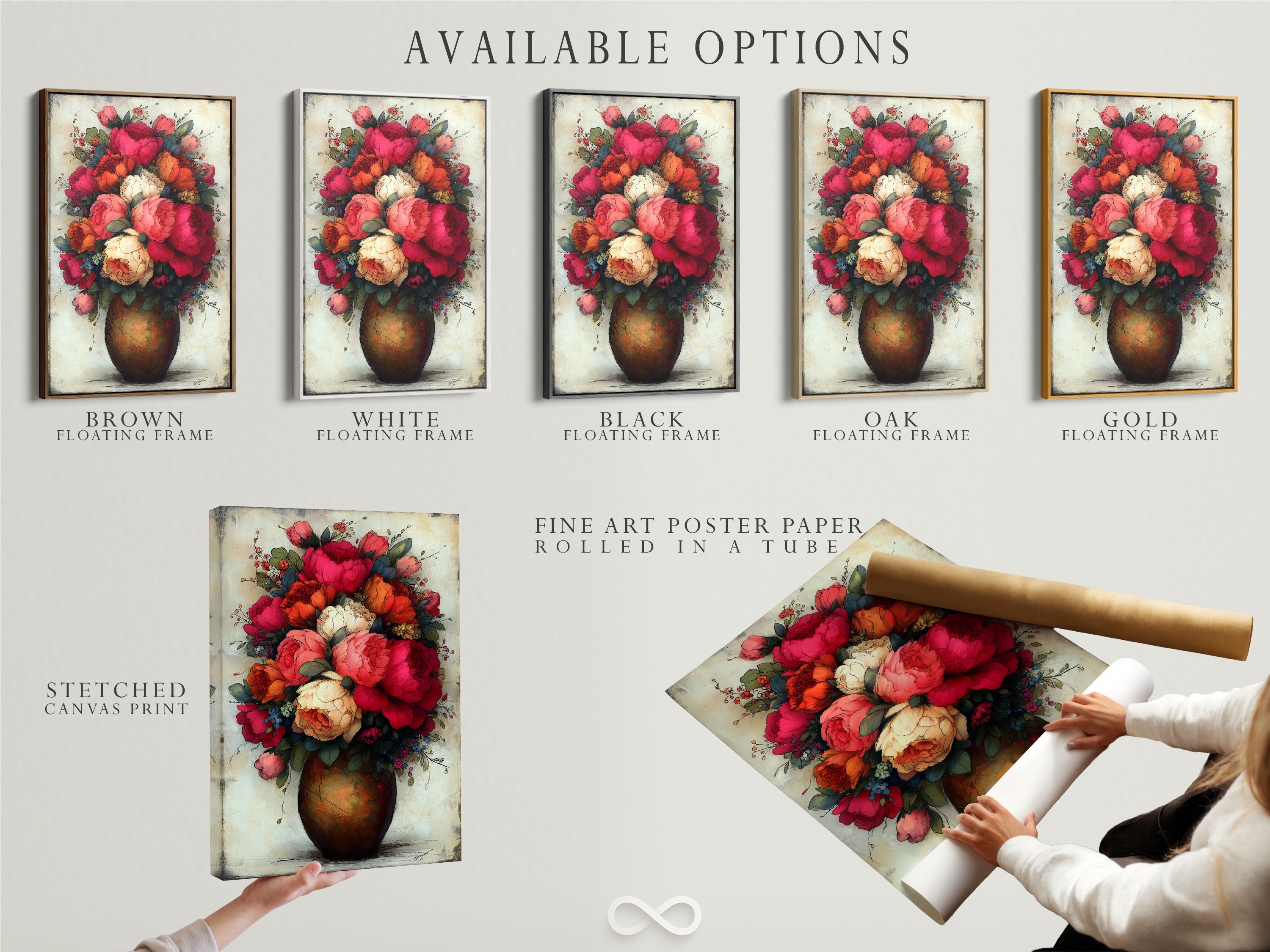 Explore available options for our floral bouquet art print. Choose between a stretched canvas print fine art poster paper or a floating frame. Featuring red peonies in a vintage botanical style. Find the perfect flower artwork for your space.