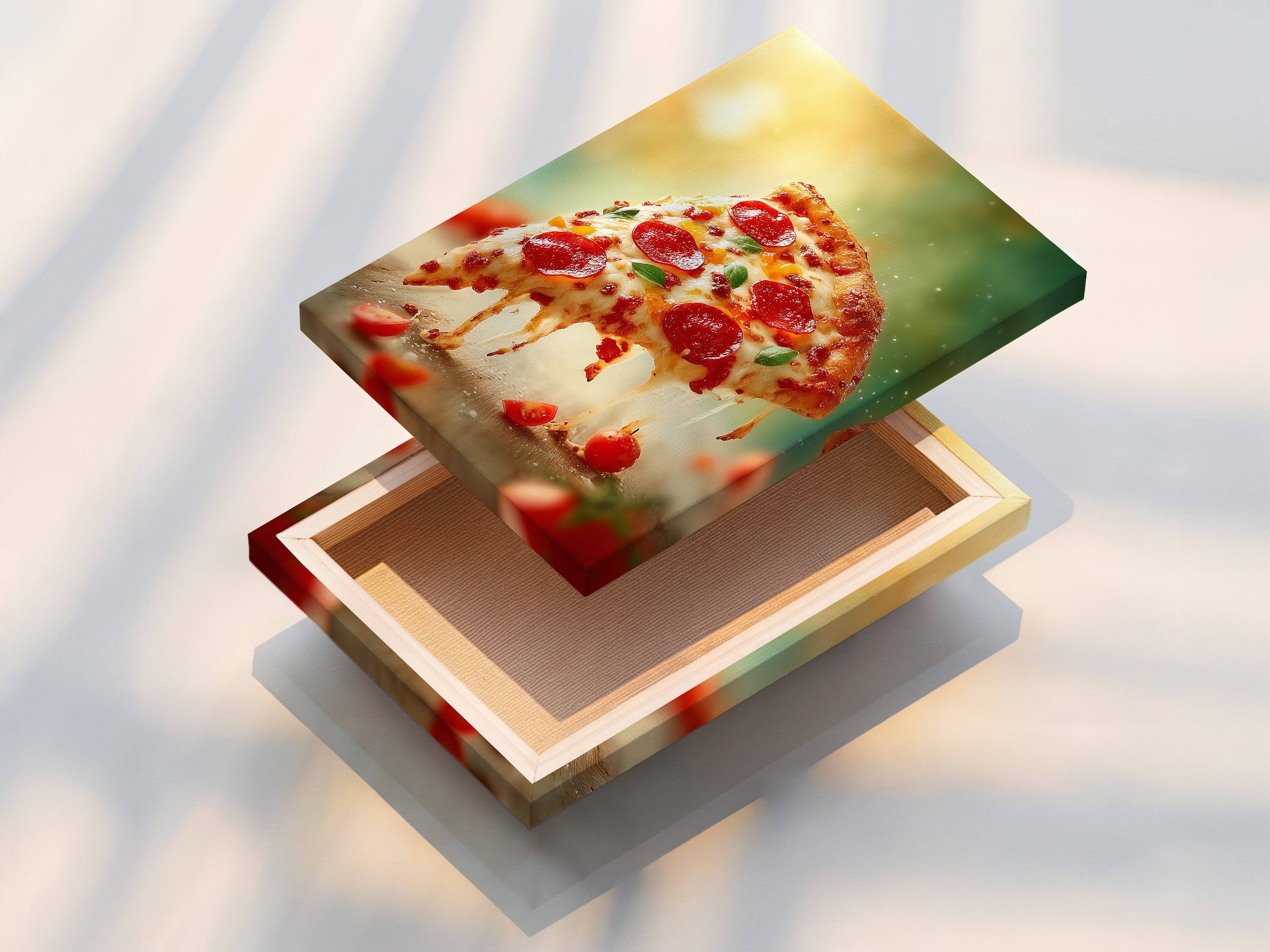 The image features a stretched canvas print. The artwork shows a mouthwatering pizza. This print is ready to hang and add a touch of culinary charm to any space. Perfect for kitchens dining rooms and restaurants. Enjoy this vibrant food photography in your home.