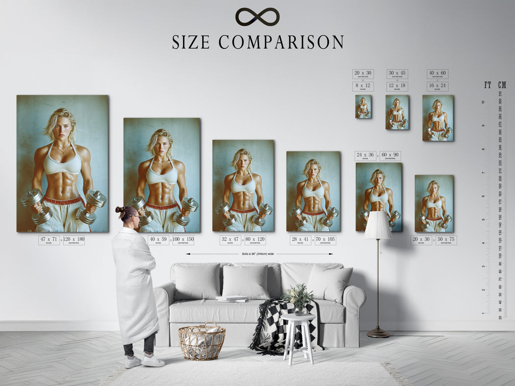 The size comparison chart in an interior setting for the Fitness Motivation artwork. This artwork features a strong woman. See how different sizes fit in your space. Ideal for planning your home gym or fitness studio decor.