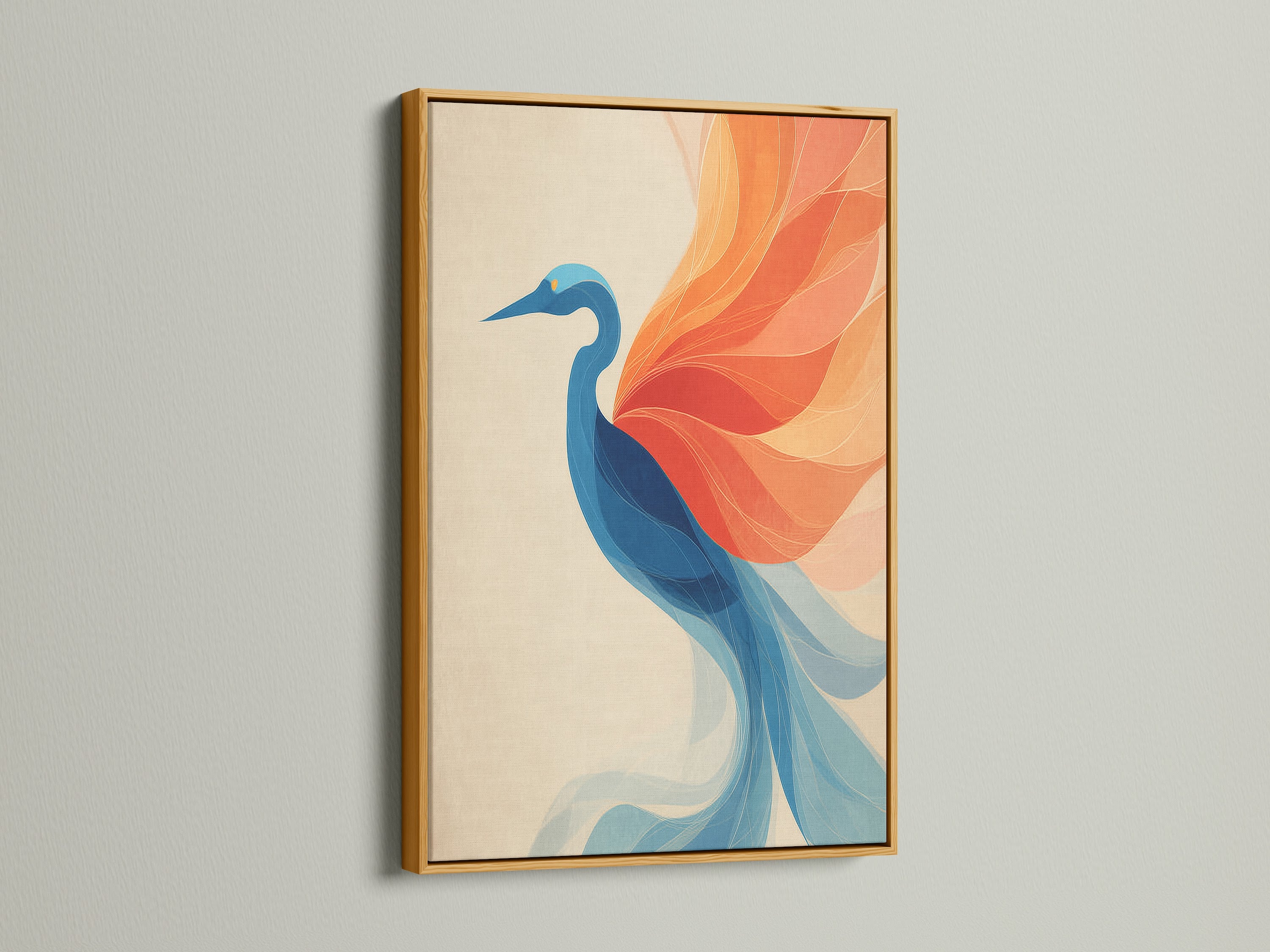 A gold frame adds a touch of elegance to the crane artwork. This abstract bird wall art elevates your interior style. The teal and coral artwork brings a pop of color. A perfect piece for those seeking contemporary wall art.
