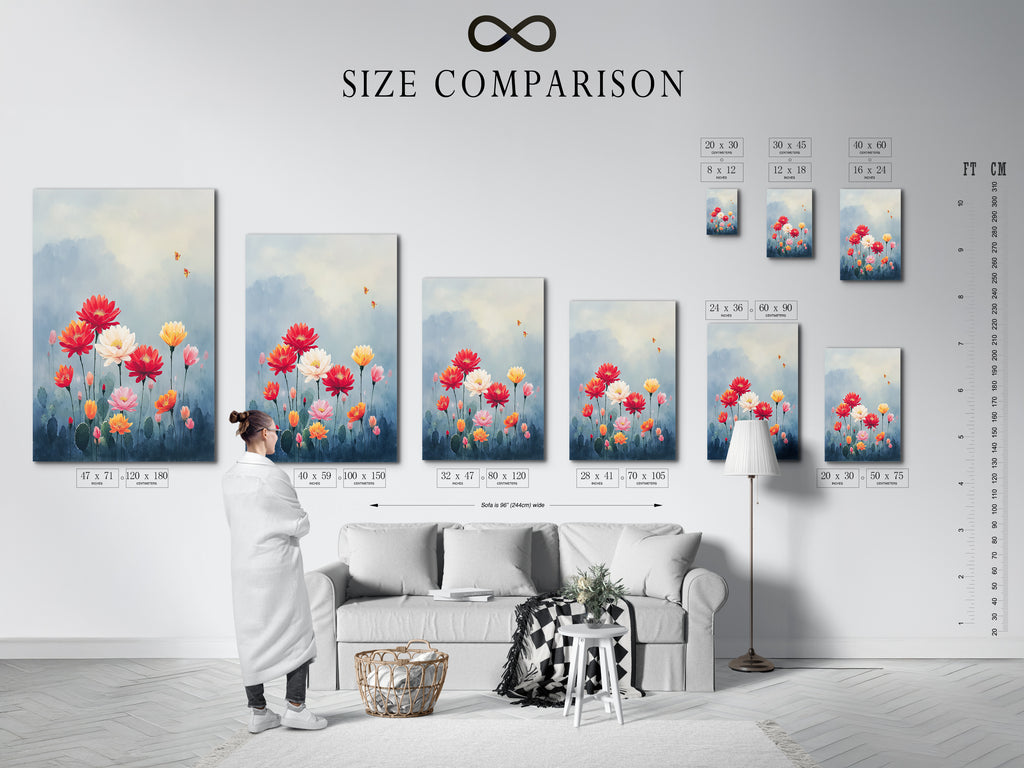 Size comparison chart showcasing the Floral Garden artwork in an interior setting. Visualize the perfect fit for your space. Choose from small to large sizes. Find the ideal botanical print today.