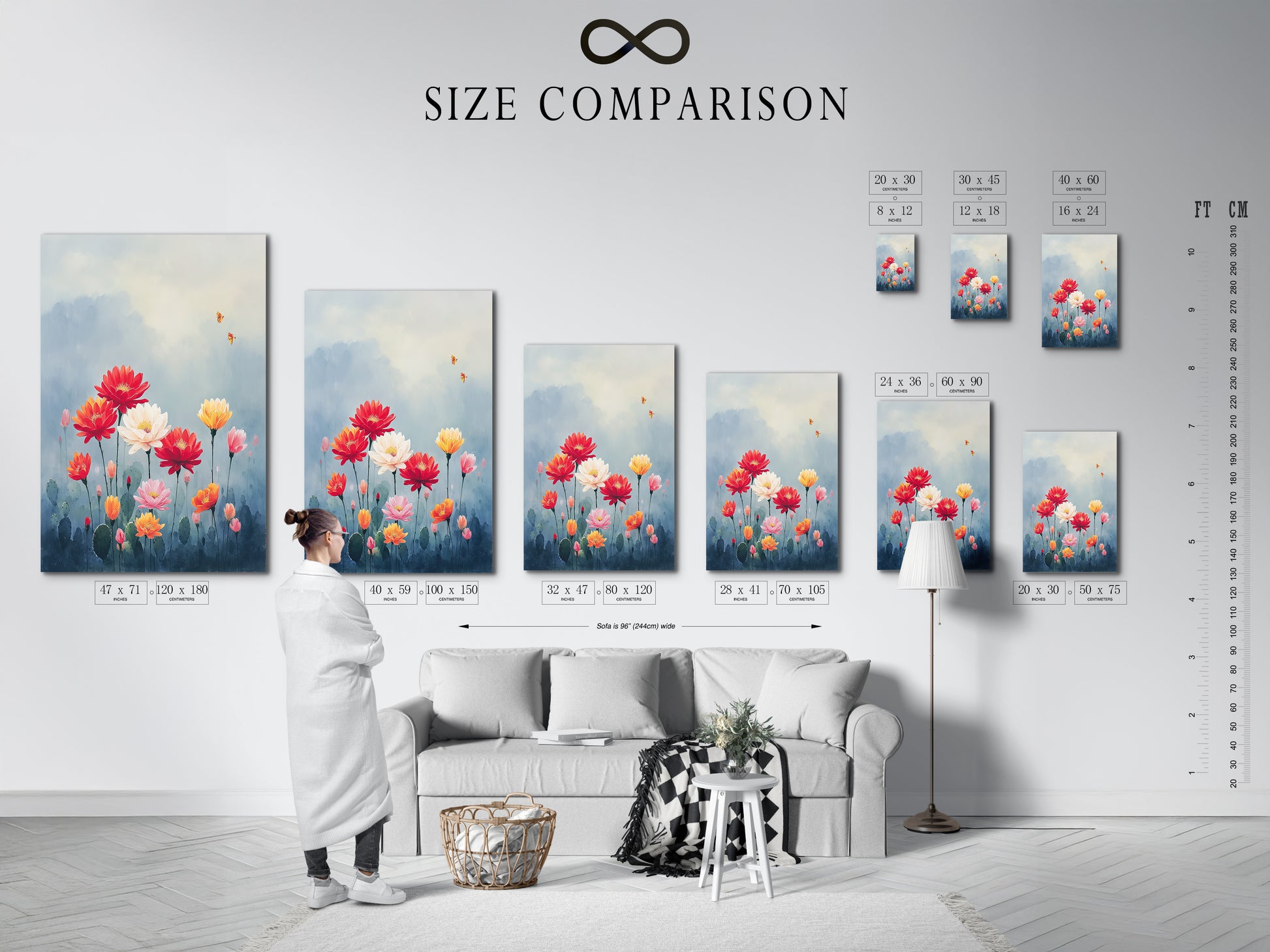 Size comparison chart showcasing the Floral Garden artwork in an interior setting. Visualize the perfect fit for your space. Choose from small to large sizes. Find the ideal botanical print today.