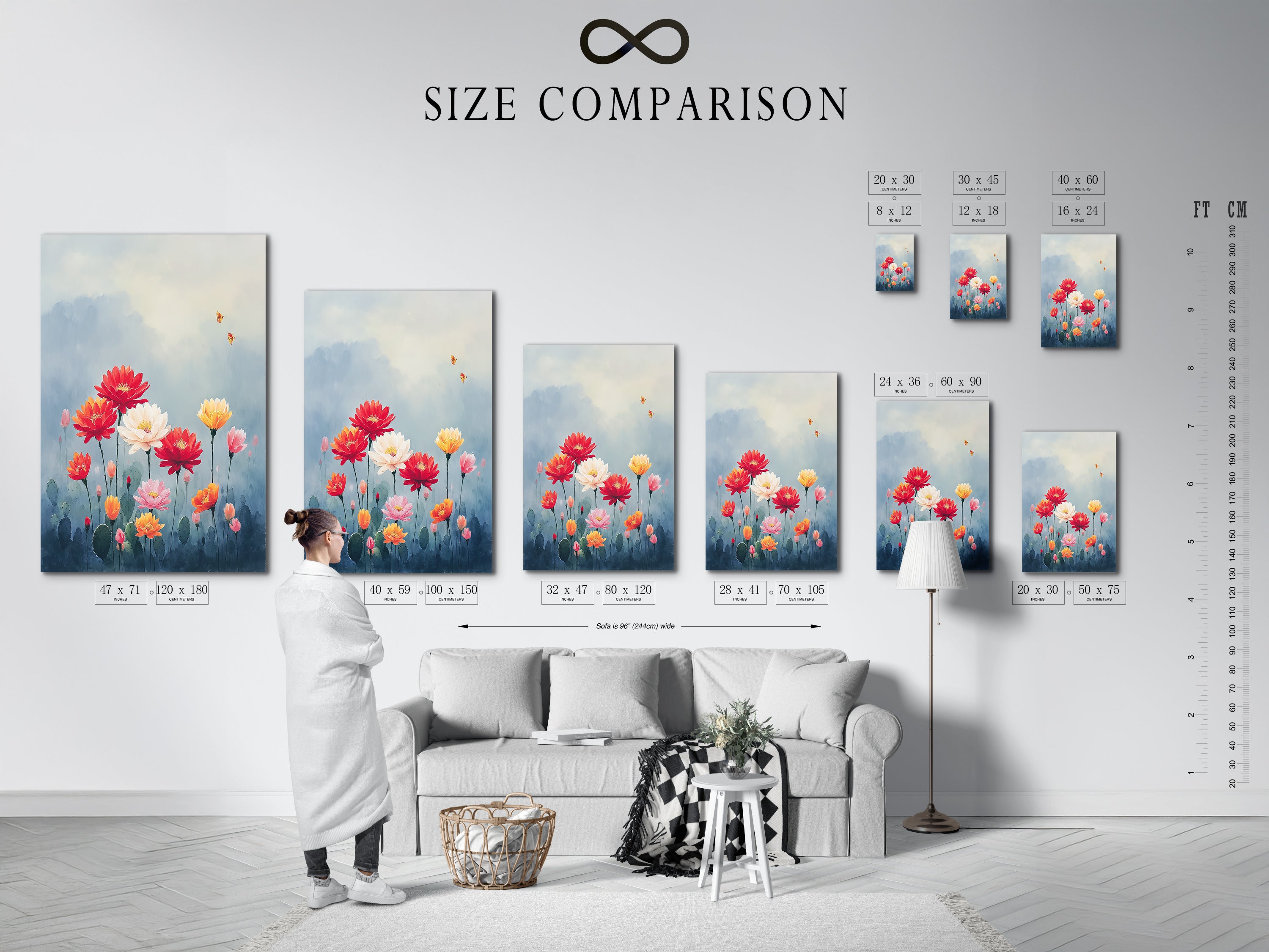 Size comparison chart showcasing the Floral Garden artwork in an interior setting. Visualize the perfect fit for your space. Choose from small to large sizes. Find the ideal botanical print today.