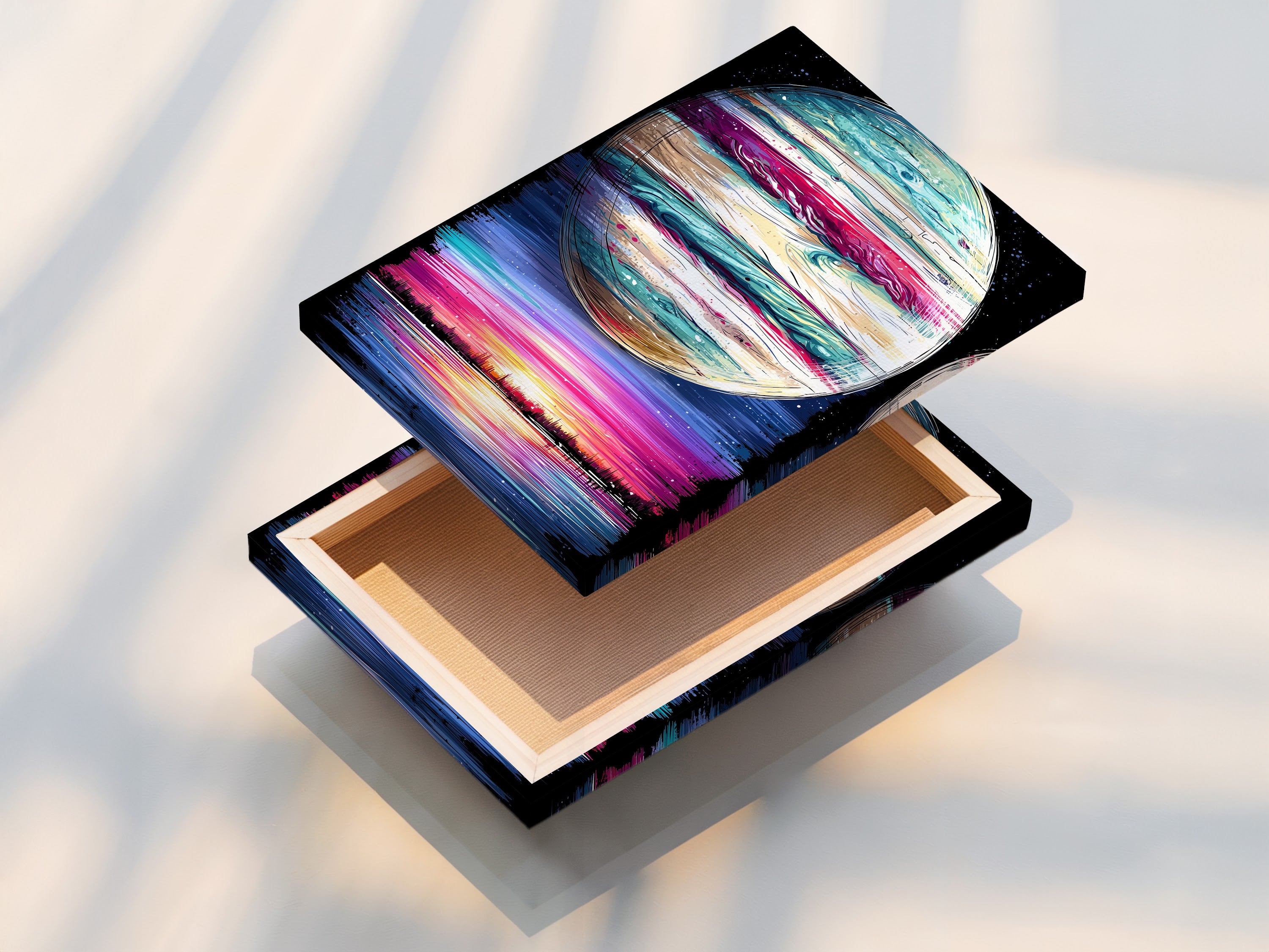 A beautifully stretched canvas print. Ready to hang and transform your space with planetary artwork. Discover the vibrant colors of our abstract canvas. Perfect for home decor art lovers.