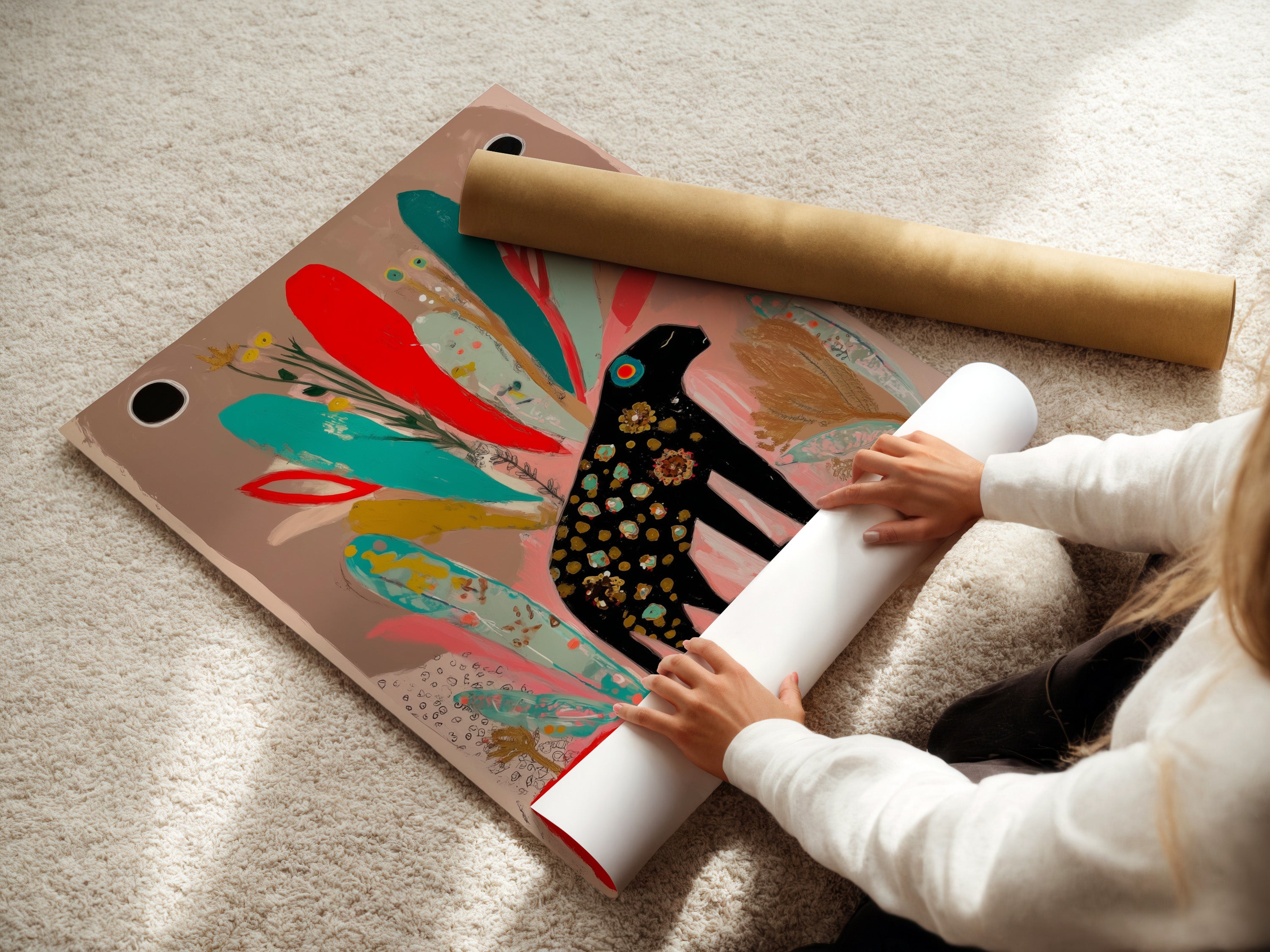 A woman is carefully rolling a fine art poster paper. The paper features a folk art elephant print. This bohemian animal artwork is perfect for those who appreciate unique wall decor. This print is high quality.