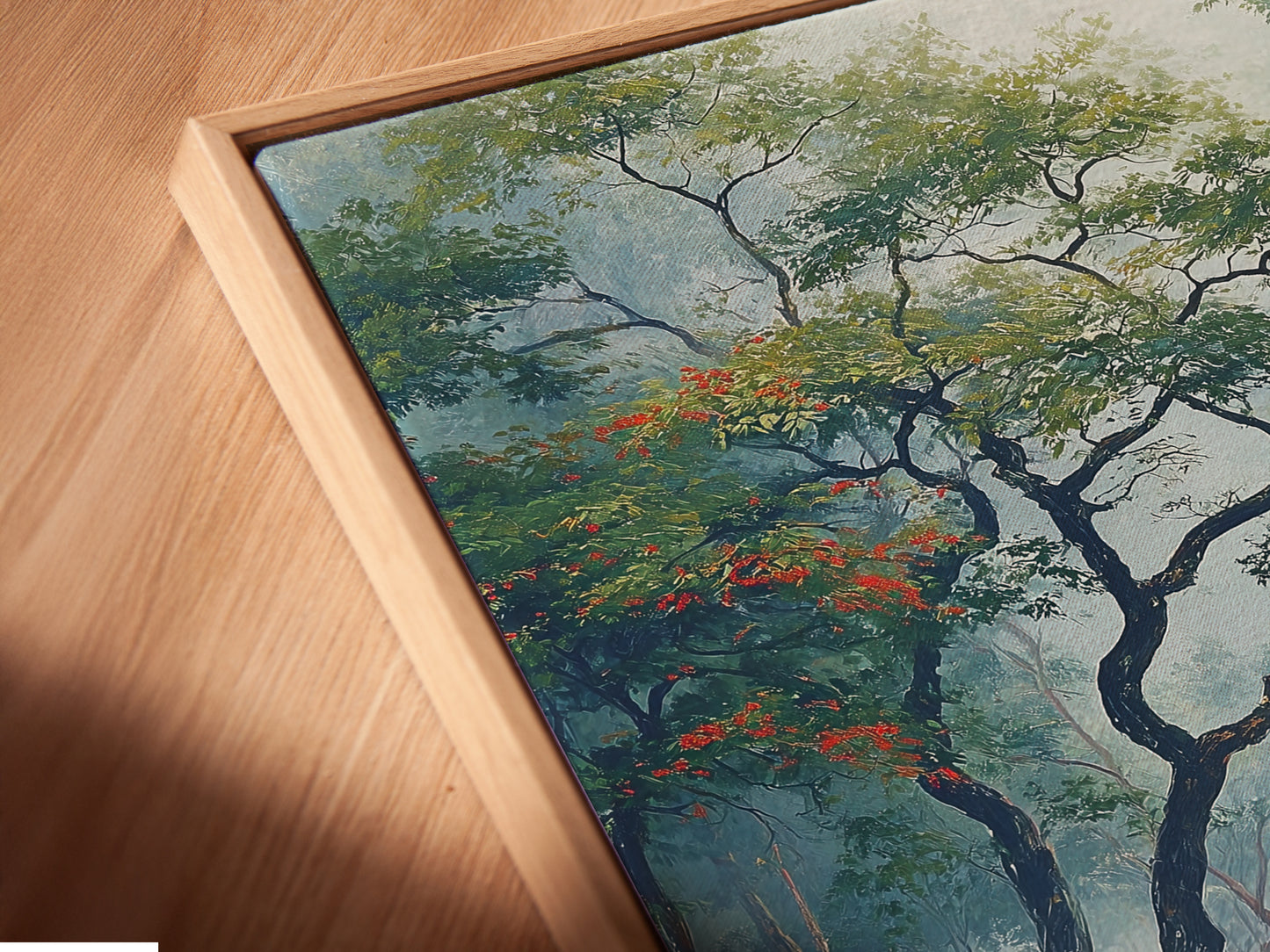 Close up of a canvas print in a floating frame. The artwork features a serene waterfall landscape. The turquoise river adds a calming touch to any room. Elevate your home decor with this nature-inspired piece.