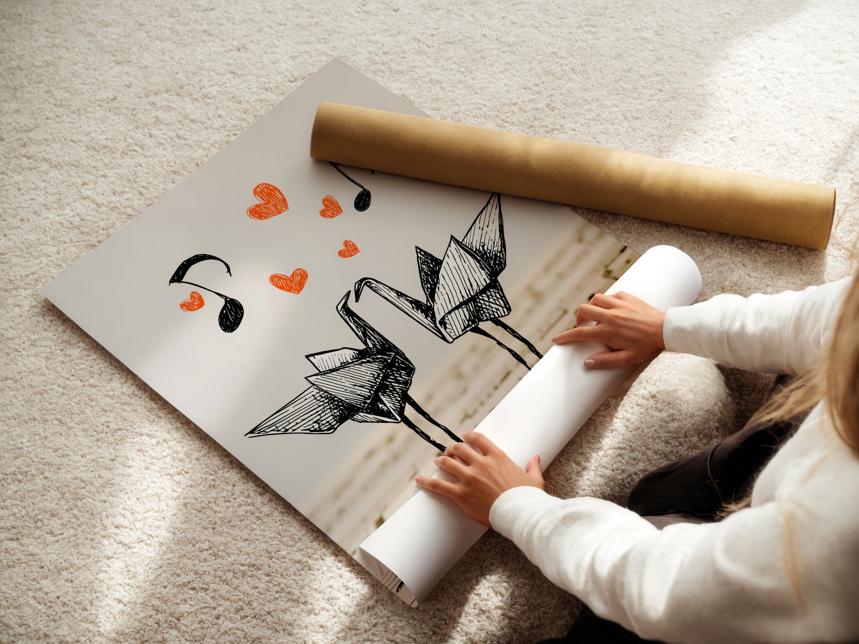 A woman carefully rolls a fine art poster paper. The poster features origami cranes artwork. This ensures the minimalist love birds print arrives in perfect condition. Ideal for bedroom wall art.