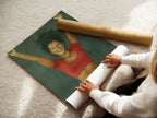 A woman rolling a fine art poster paper print of Euphoric Woman art. See the quality of our art poster paper.  This cheerful art is perfect for any room.  Bring home this ecstatic woman portrait for joyful vibes.  Ideal teen girl decor.