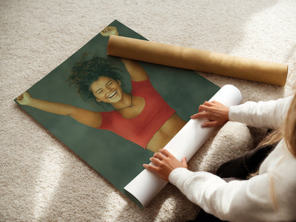 A woman rolling a fine art poster paper print of Euphoric Woman art. See the quality of our art poster paper.  This cheerful art is perfect for any room.  Bring home this ecstatic woman portrait for joyful vibes.  Ideal teen girl decor.