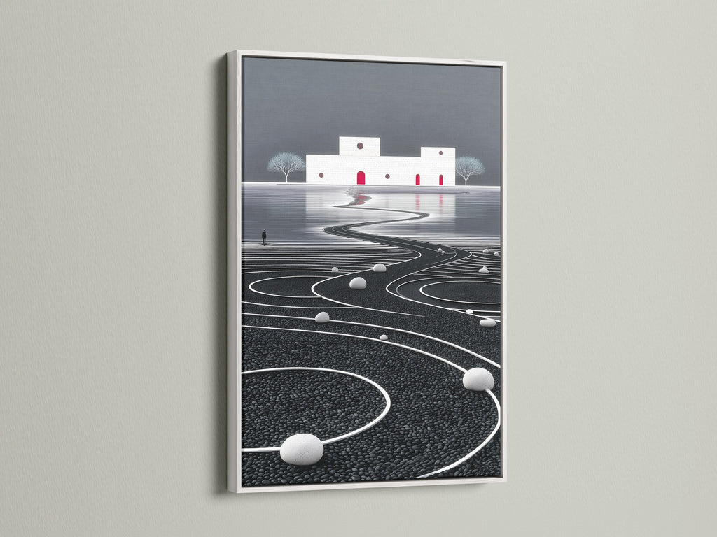 The white frame accentuates this modern canvas art. The artwork displays an abstract landscape. The monochrome decor is perfect for meditation art. This piece adds a zen touch to any room.