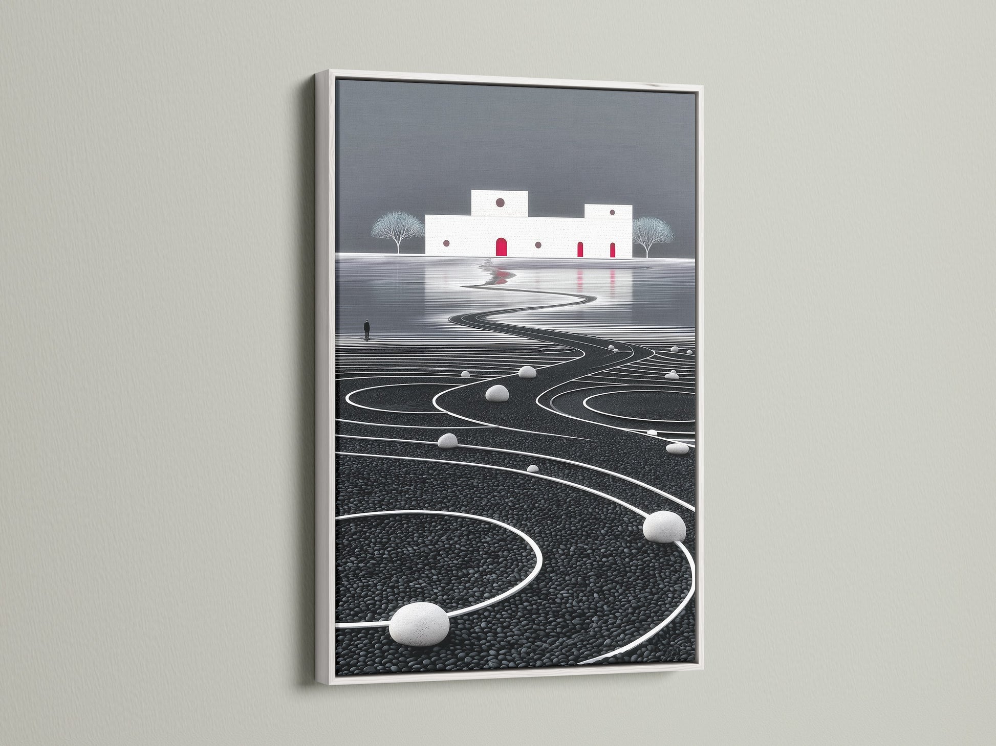 The white frame accentuates this modern canvas art. The artwork displays an abstract landscape. The monochrome decor is perfect for meditation art. This piece adds a zen touch to any room.