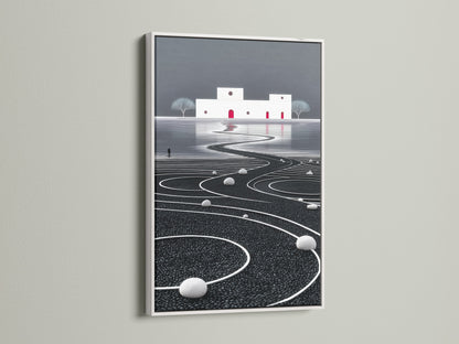 The white frame accentuates this modern canvas art. The artwork displays an abstract landscape. The monochrome decor is perfect for meditation art. This piece adds a zen touch to any room.