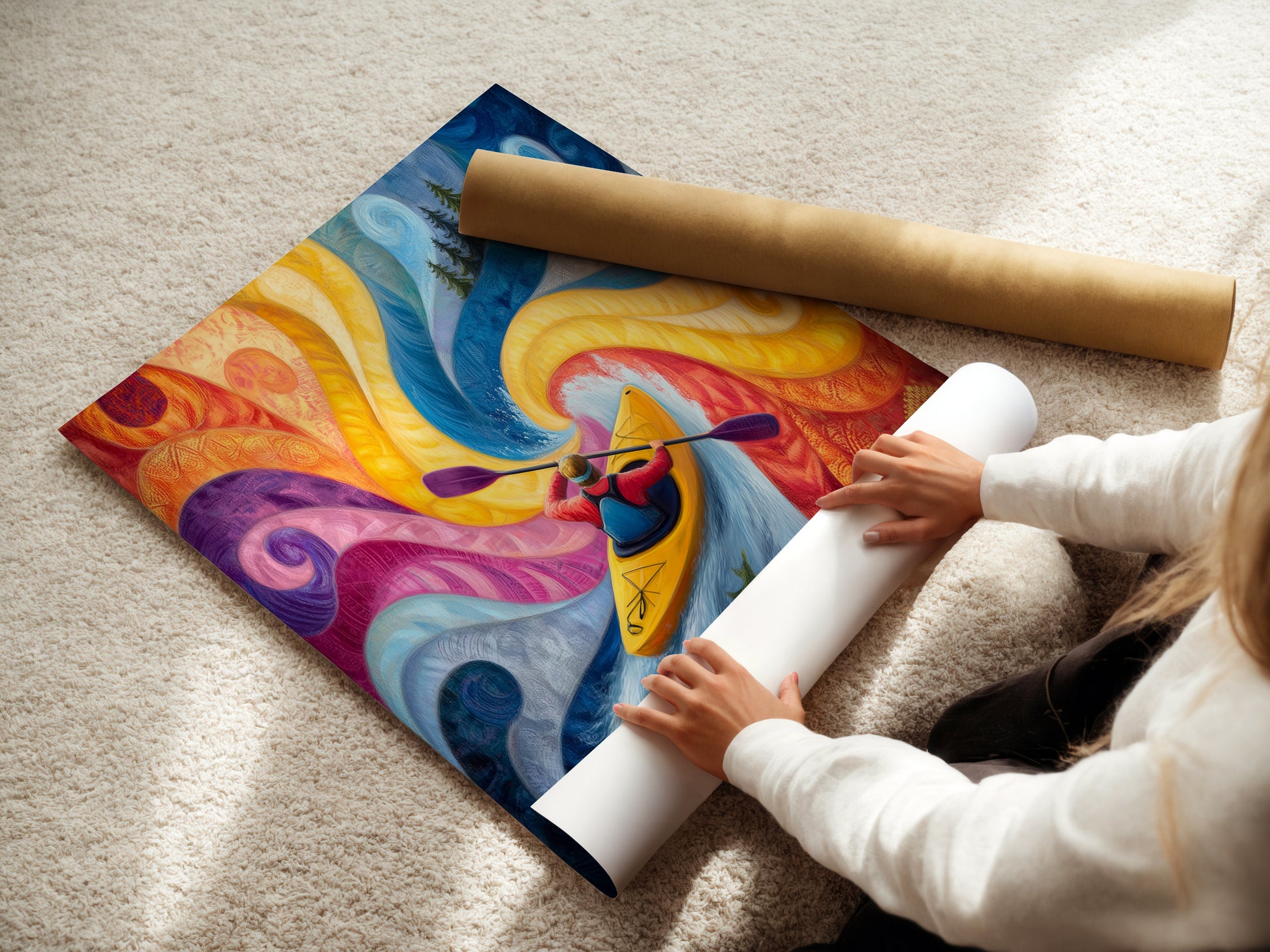 A woman carefully rolls a fine art poster paper featuring the kayaking abstract river artwork. This high-quality print captures the vibrant colors and intricate details. Perfect for framing and adding a splash of adventure to your walls.