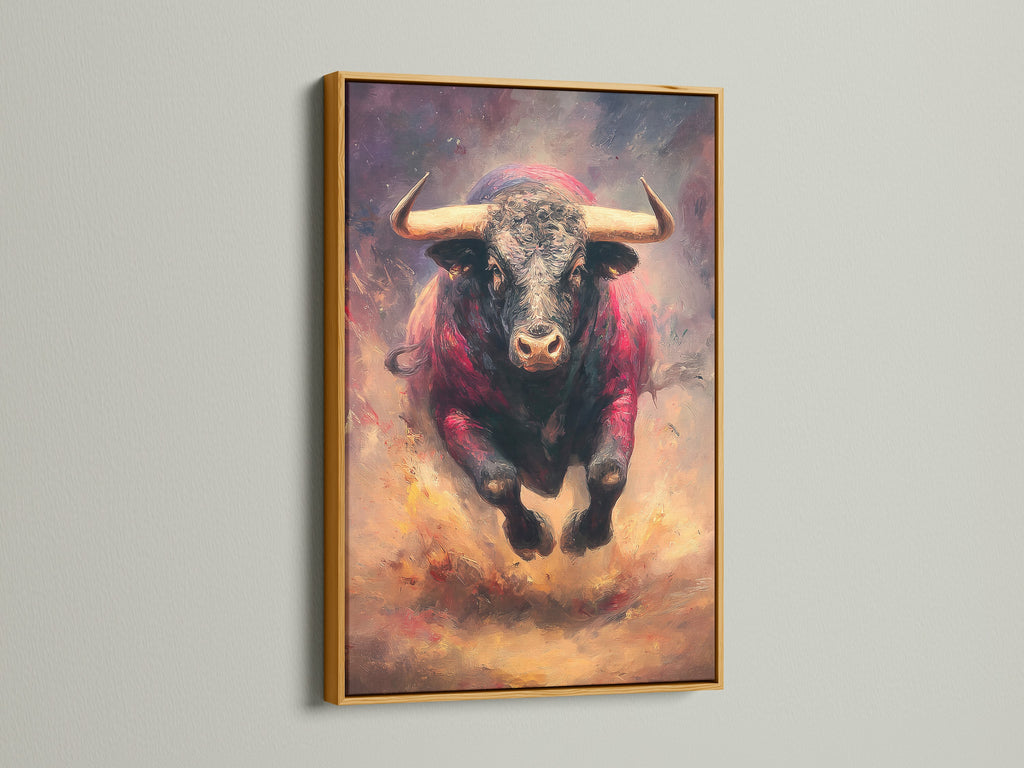 The gold frame accentuates a powerful bull artwork. The artwork adds luxury to any interior. The gold frame enhances the artwork's richness. Explore our framed artwork to find the perfect piece for your home.