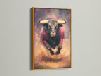 The gold frame accentuates a powerful bull artwork. The artwork adds luxury to any interior. The gold frame enhances the artwork's richness. Explore our framed artwork to find the perfect piece for your home.