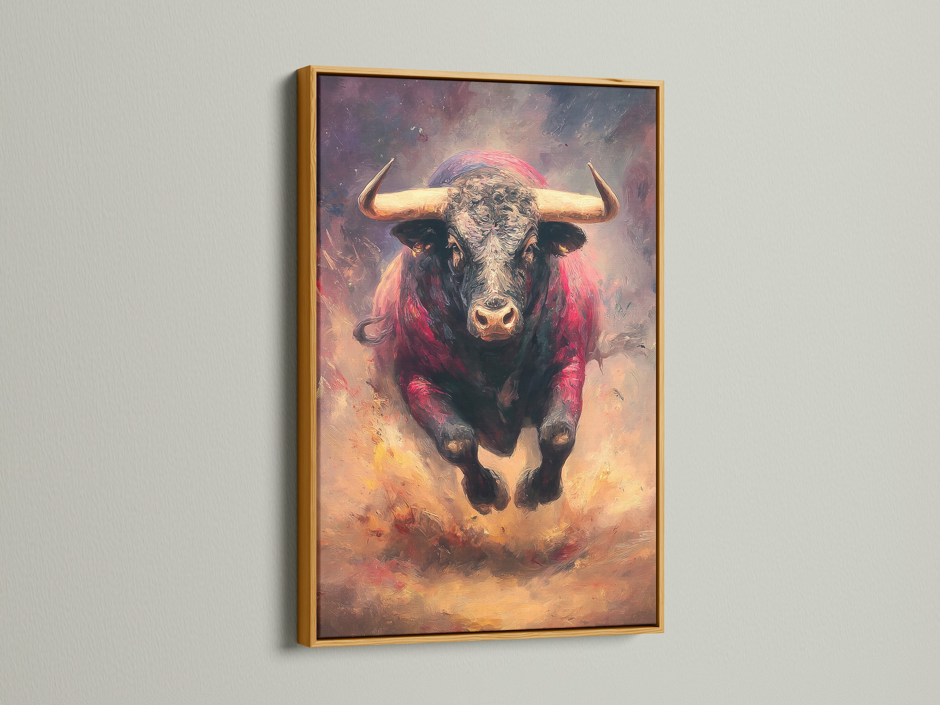 The gold frame accentuates a powerful bull artwork. The artwork adds luxury to any interior. The gold frame enhances the artwork's richness. Explore our framed artwork to find the perfect piece for your home.