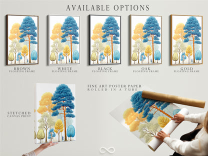 Explore available options for our colorful forest artwork. Choose from stretched canvas prints fine art poster paper or floating frames. Each option enhances the modern woodland art. Find the perfect format for your abstract tree artwork today.