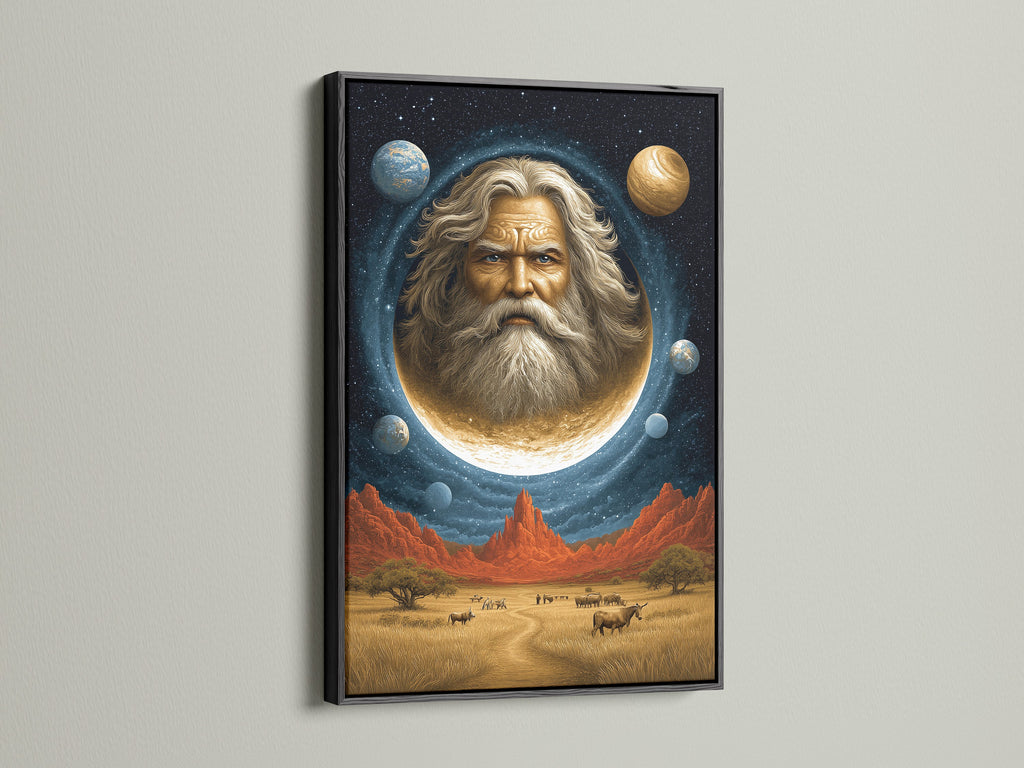 A celestial man in the moon is the focal point of this cosmic portrait wall art. The black frame enhances this surreal space canvas print. It brings mystical flair to any decor. A great choice for spiritual advisors and homeowners seeking distinctive art. Perfect for Living Rooms Offices Meditation Rooms studios lobbies and wellness centers.
