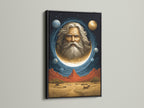 A celestial man in the moon is the focal point of this cosmic portrait wall art. The black frame enhances this surreal space canvas print. It brings mystical flair to any decor. A great choice for spiritual advisors and homeowners seeking distinctive art. Perfect for Living Rooms Offices Meditation Rooms studios lobbies and wellness centers.